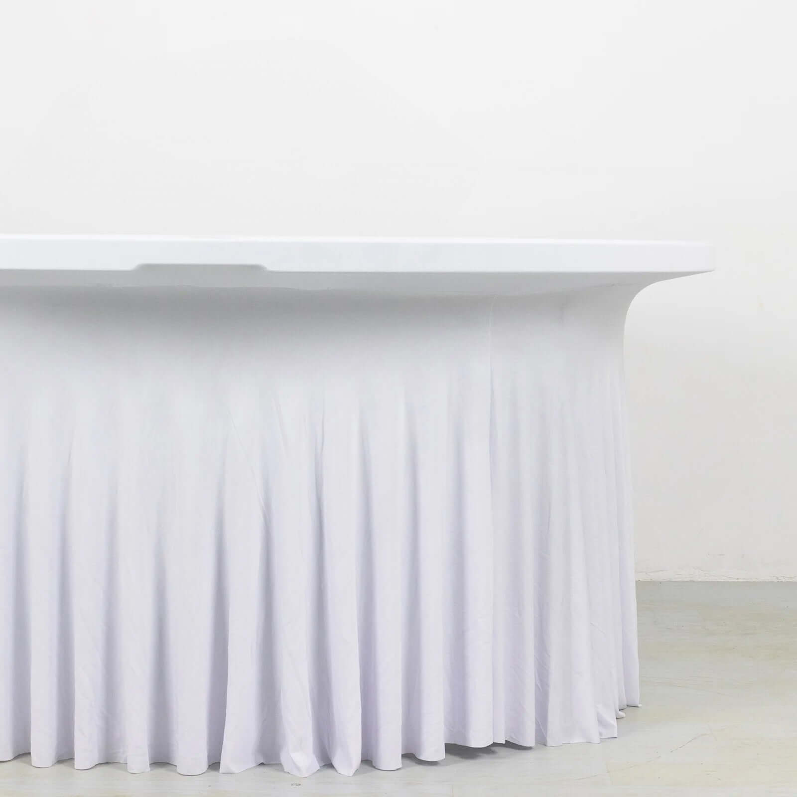 Spandex Round 6ft Table Skirt White with Wavy Skirt-Like Effect Stylish Table Cover for Weddings, Banquets & Trade Shows