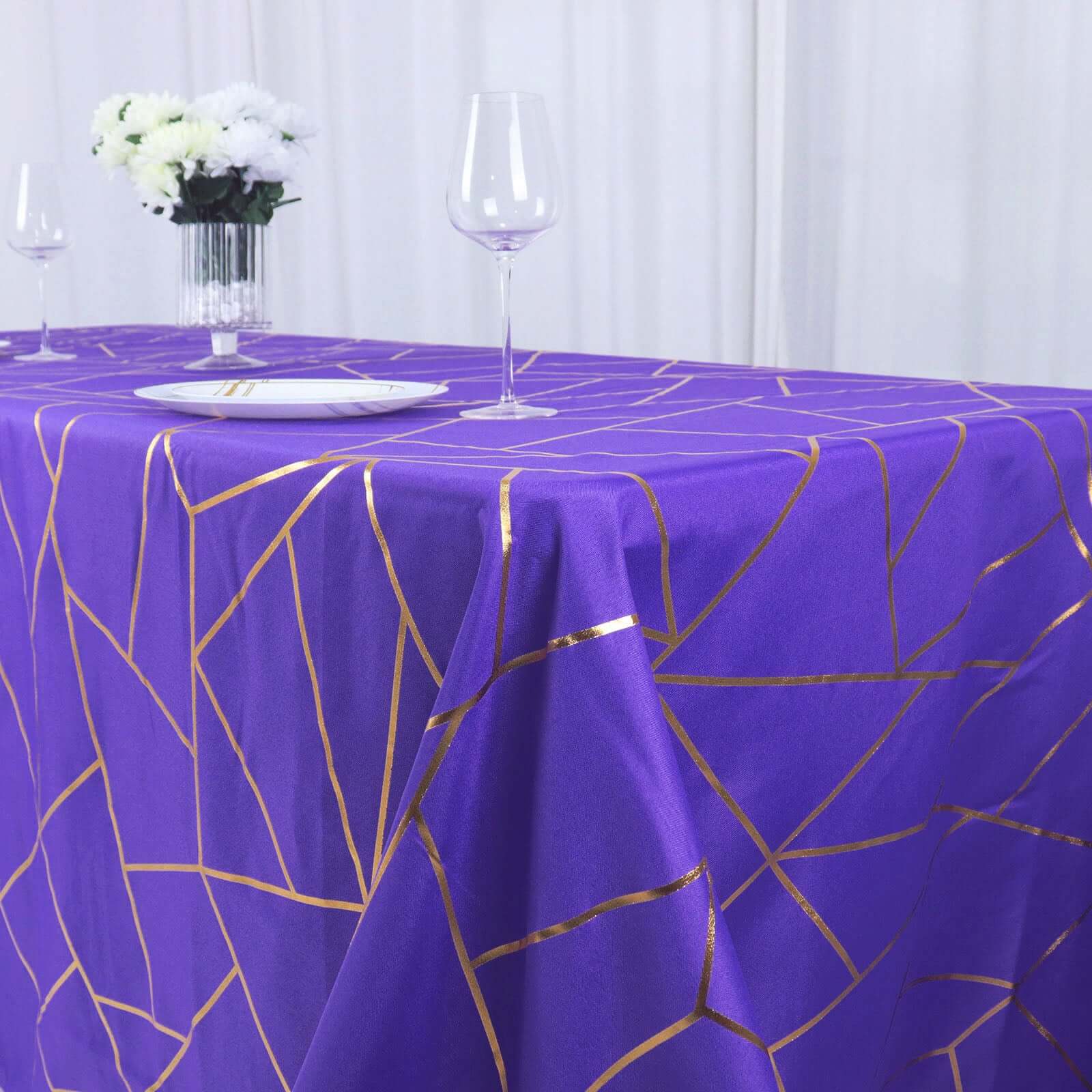 Polyester 90x132 Rectangle Tablecloth Purple Seamless with Gold Foil Geometric Pattern - Wrinkle-Resistant Seamless Table Cover