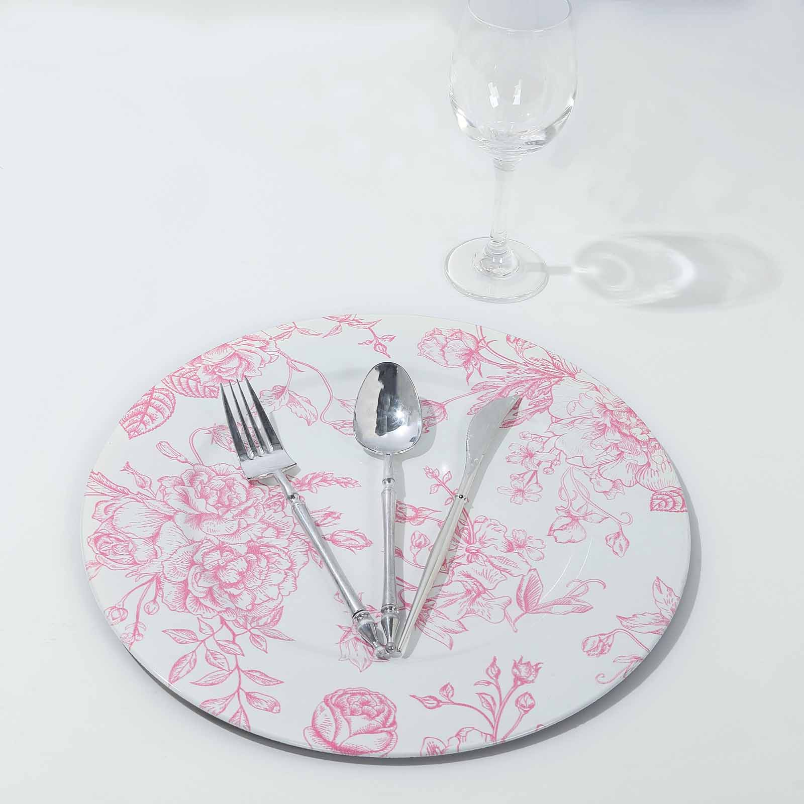 6-Pack Acrylic Round Charger Plates 13 in White with Pink Floral French Toile Pattern, Decorative Dinner Party Charger Tableware