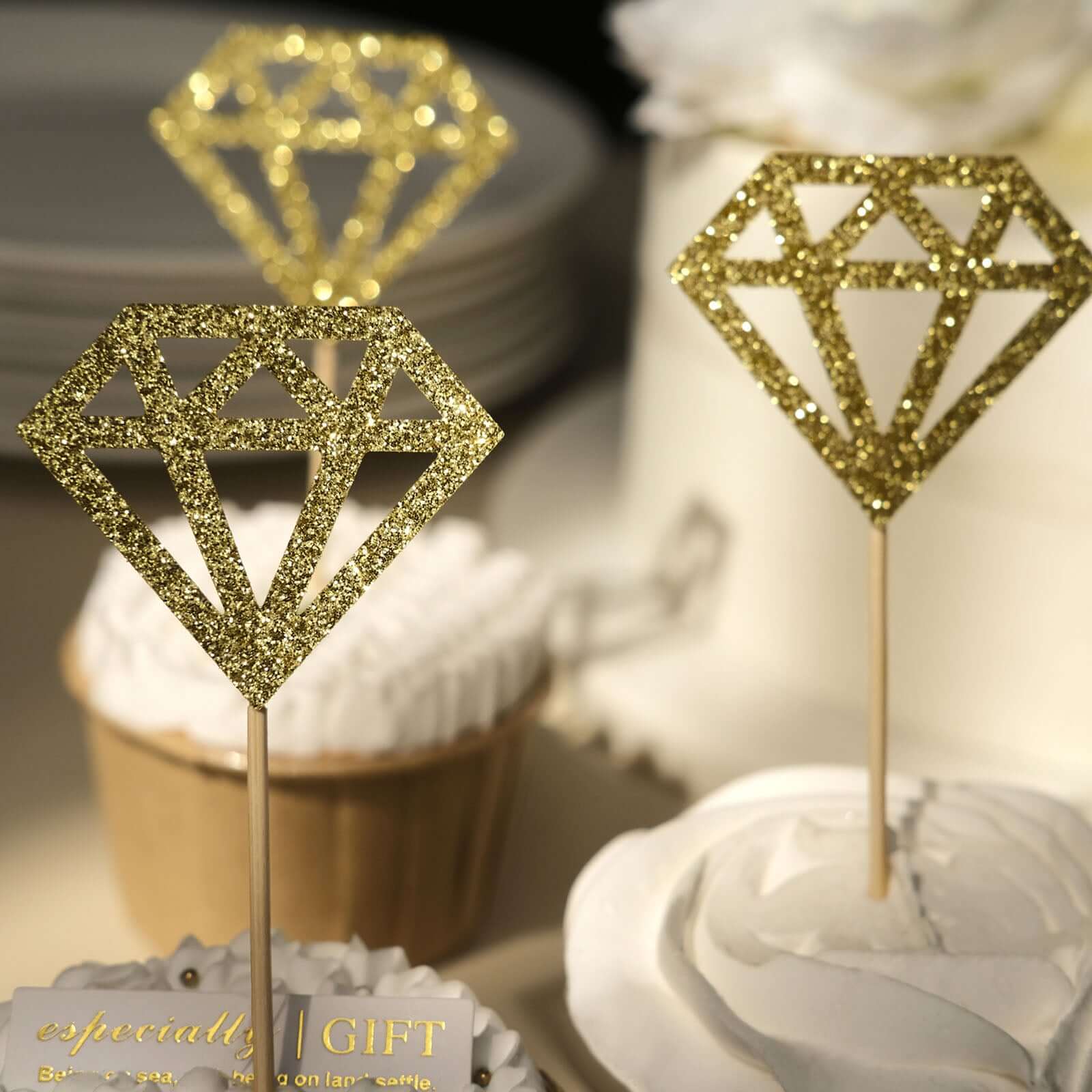 24-Pack Cupcake Toppers Diamond Ring Design Glitter Gold - Party Cake Picks Engagement Decoration Supplies