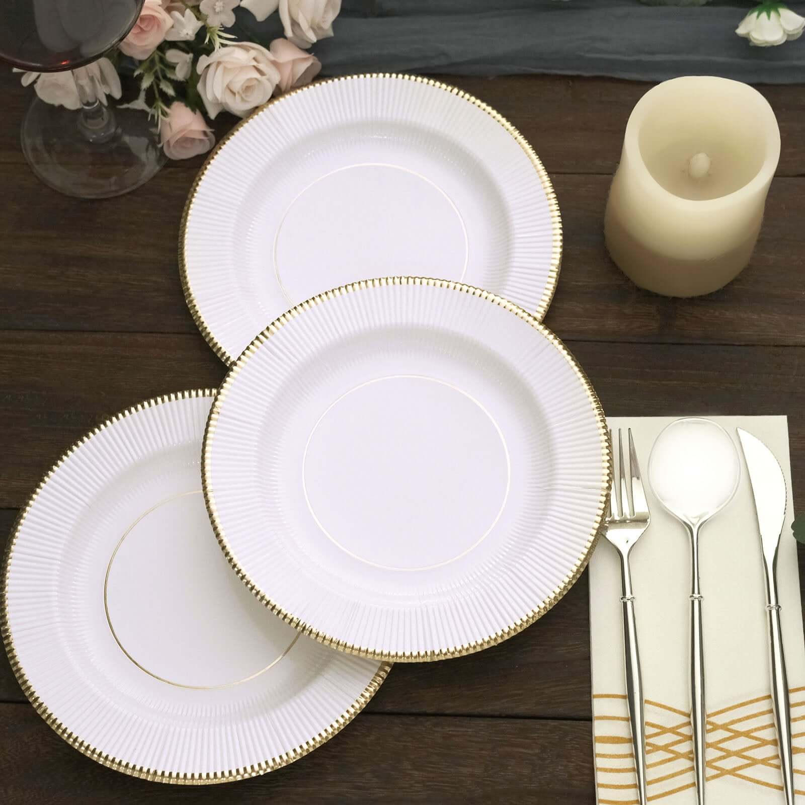 25-Pack Paper 8 Round Dessert Plates in White Sunray Design with Gold Rim - Disposable Heavy Duty 350GSM Appetizer Salad Plates for Banquets & Celebrations