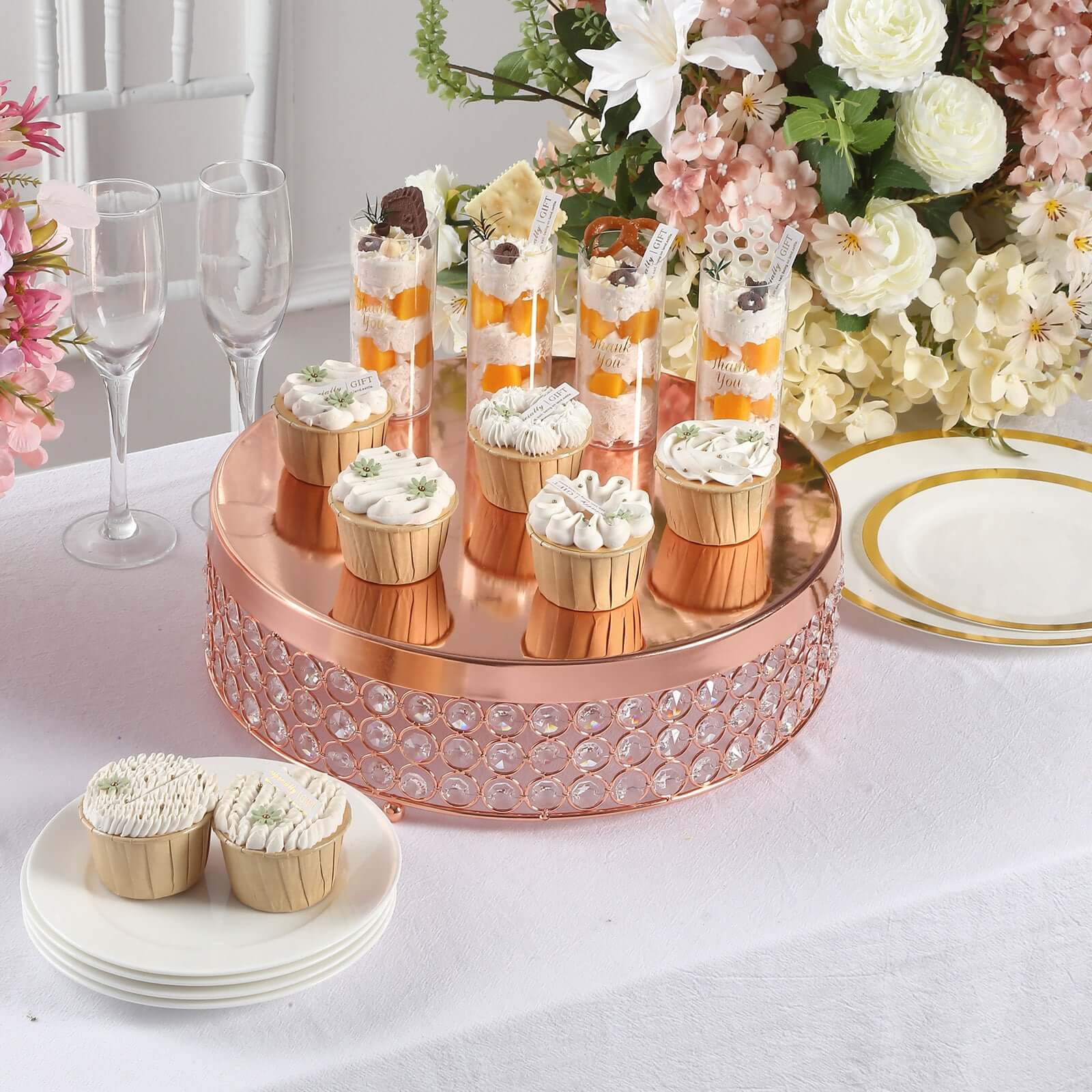 Metal Cake Stand Pedestal Crystal Beaded Design Rose Gold - Cupcake Display and Dessert Riser 13