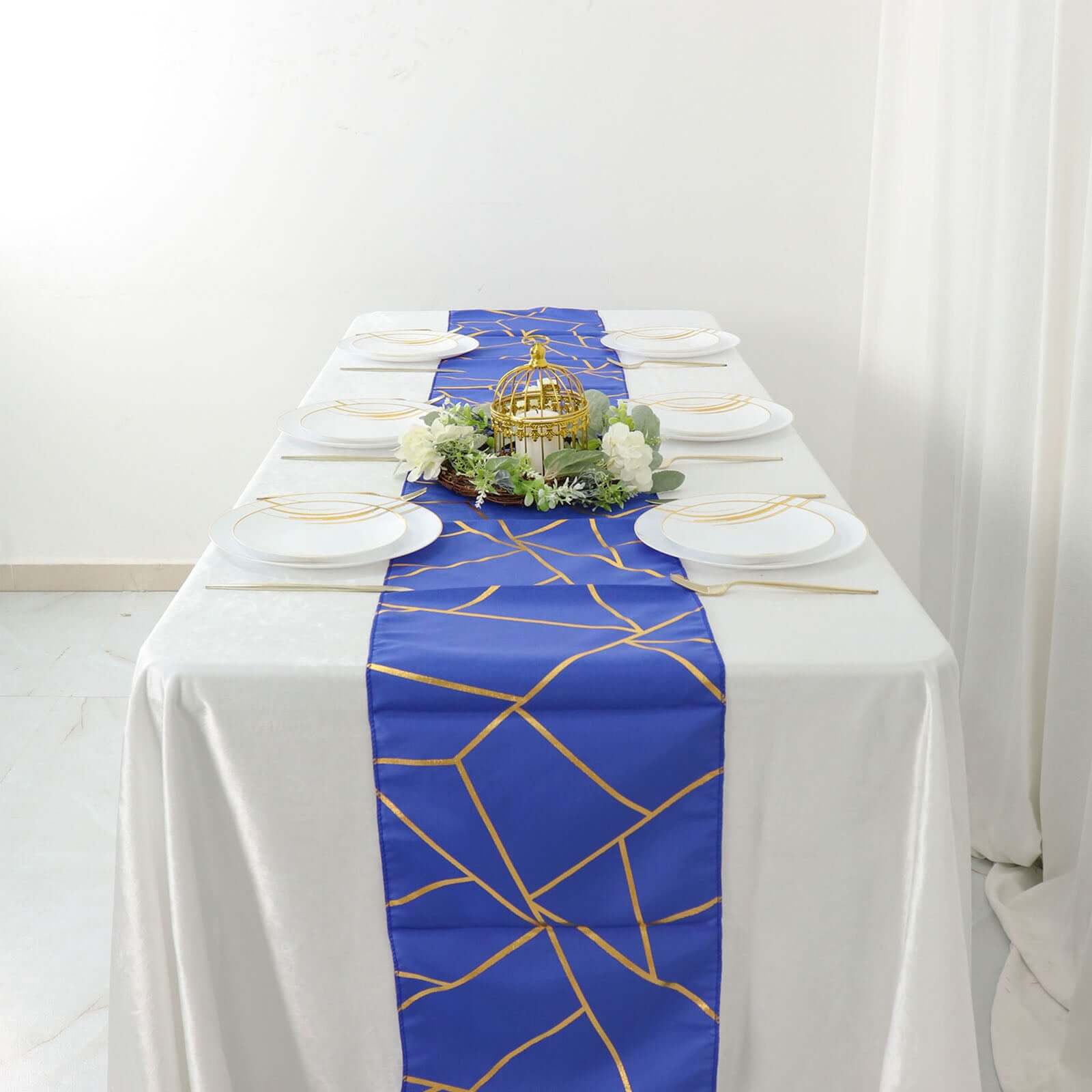 Polyester 9ft Table Runner Royal Blue with Gold Foil Modern Geometric Accent