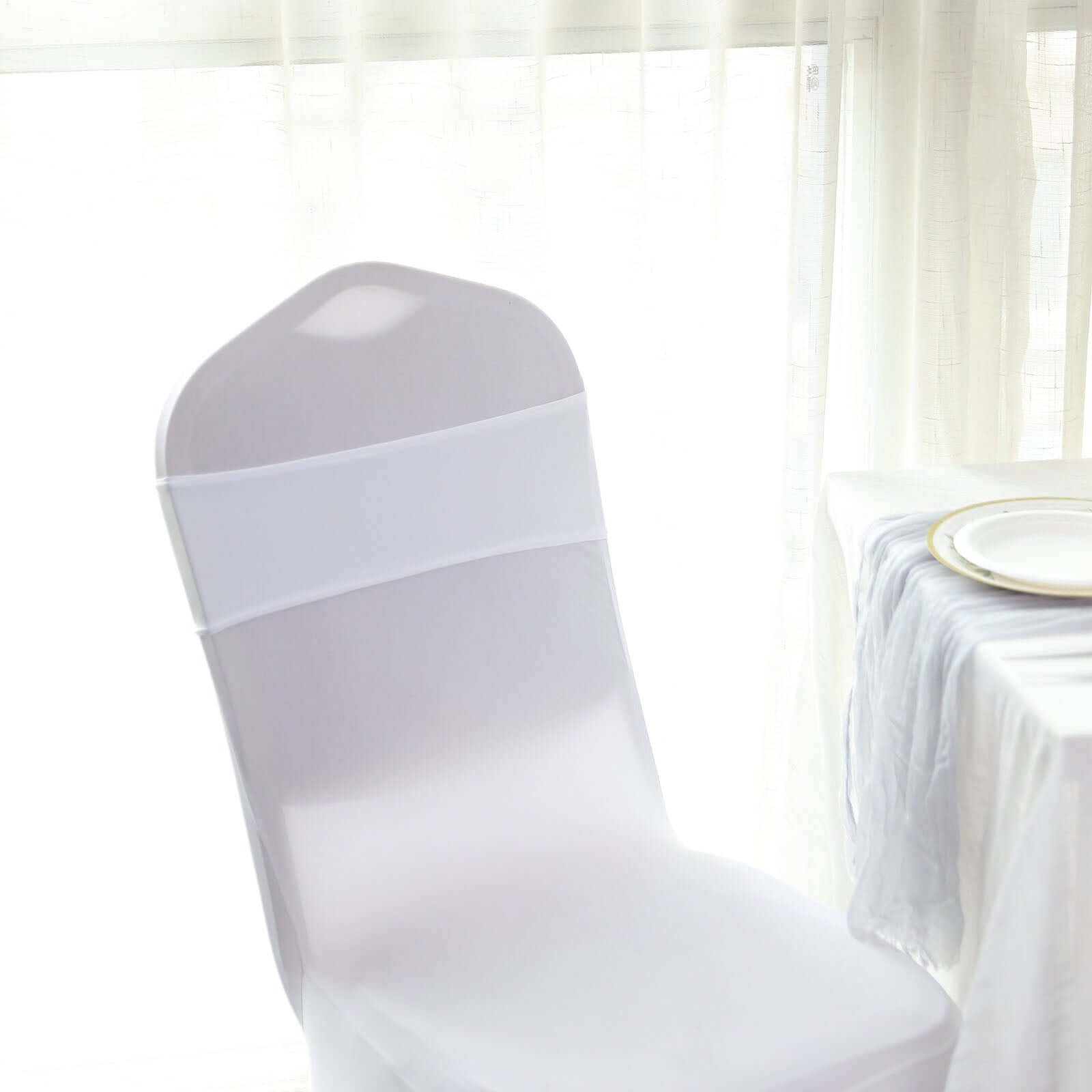 5 Pack Stretch Spandex Chair Sashes White - Classy Reusable Chair Bands with Silver Diamond Ring Slide Buckle 5x14