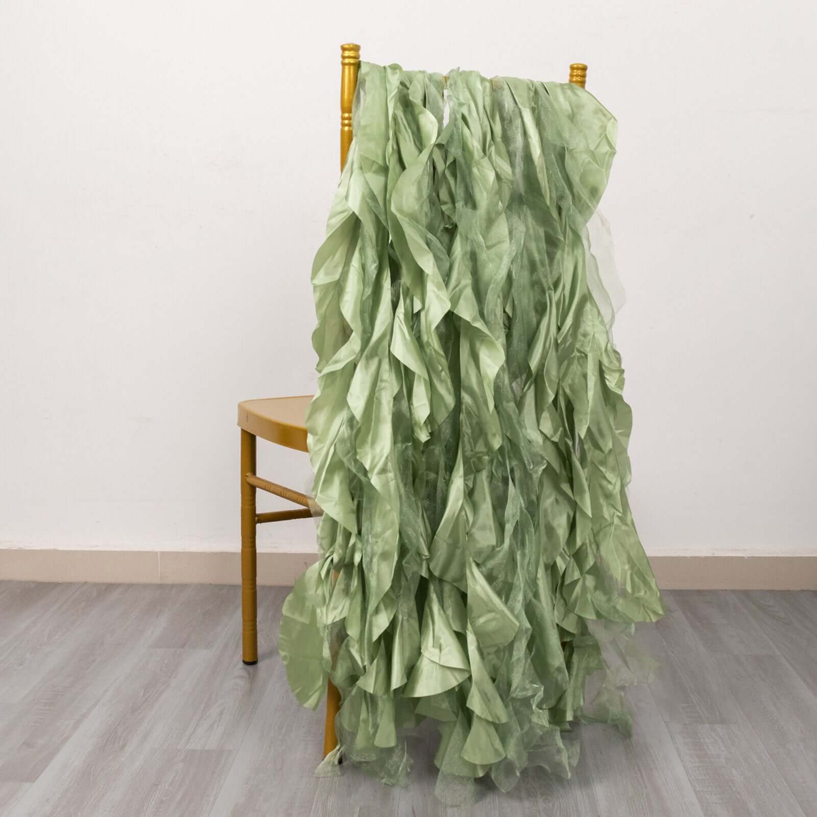 5 Pack Chiffon Satin Chair Sashes Sage Green - Easy to Install Ruffled Curly Willow