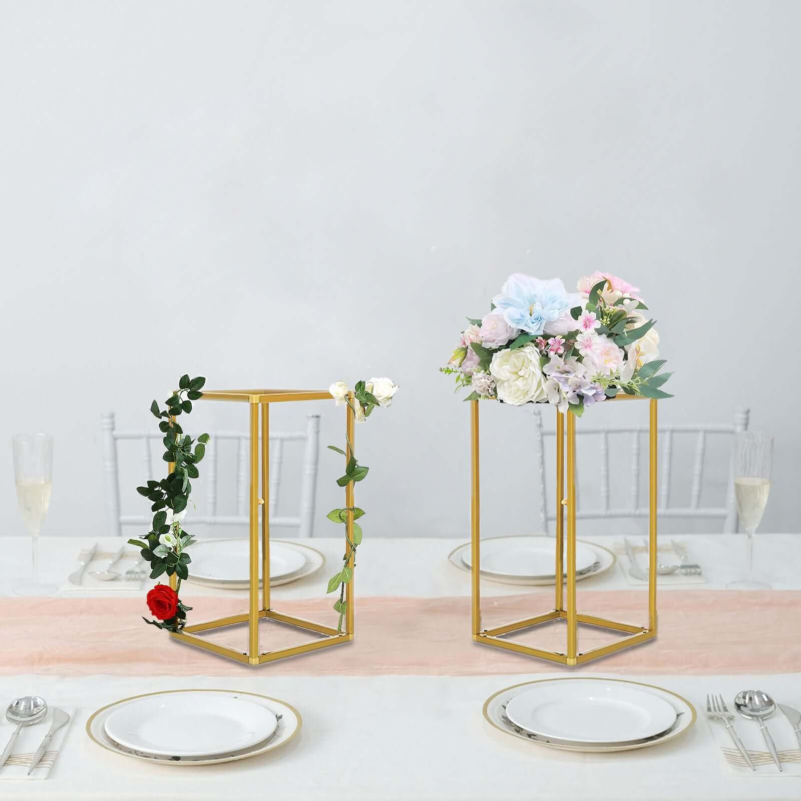 2-Pack Wedding Flower Stand Gold Metal Geometric Column Frame Rectangular - Versatile Floral Pedestal for Sophisticated Arrangements 12