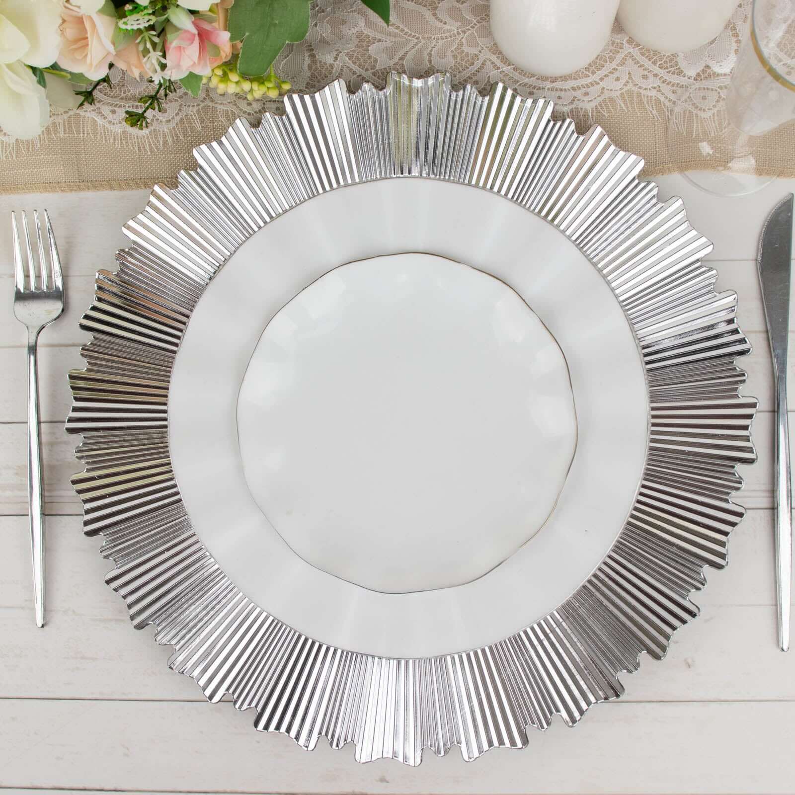 6-Pack Acrylic Plastic Round Charger Plates 13 in Metallic Silver with Sunray Scalloped Rim, Decorative Dinner Party Charger Tableware