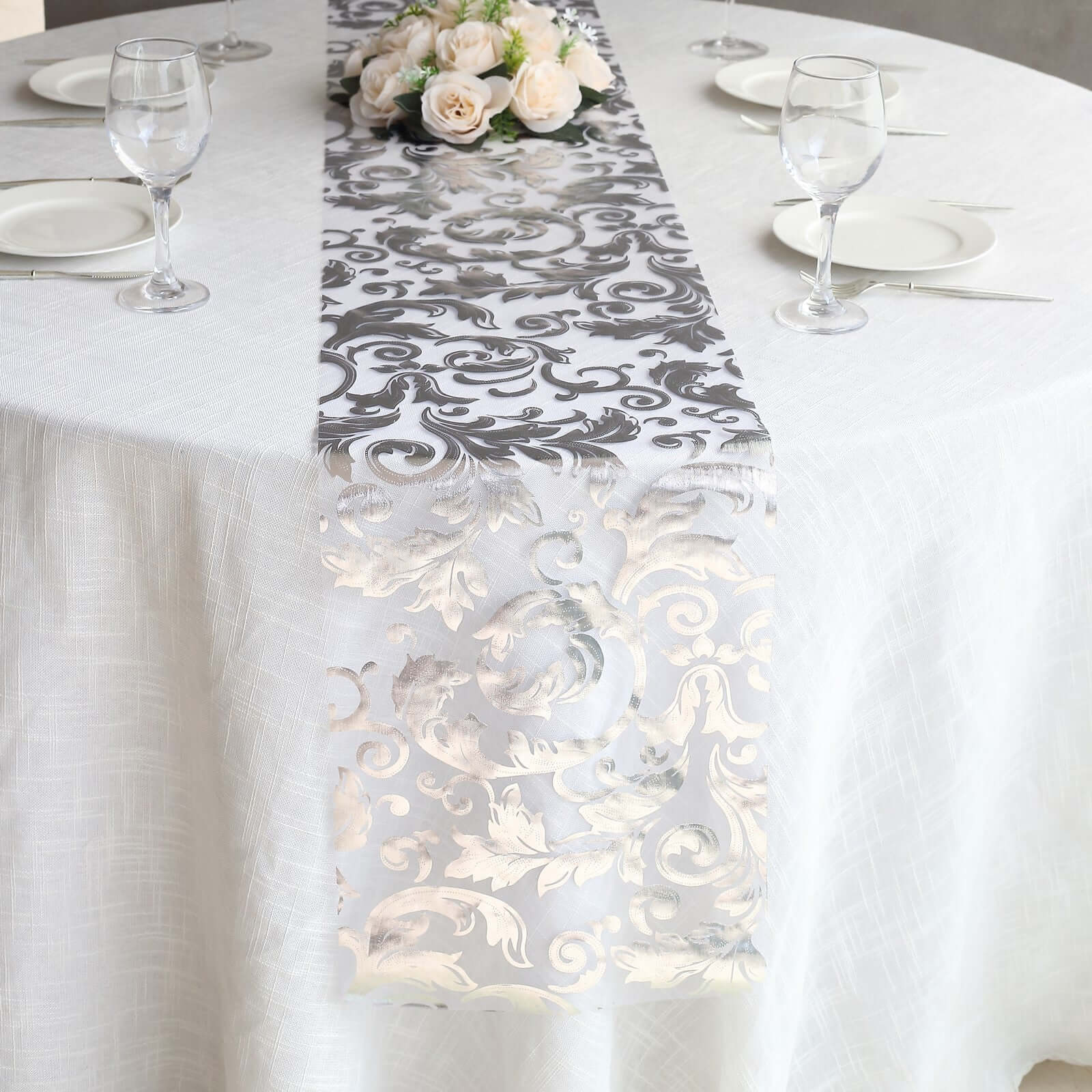 Sheer Organza 12x108 Table Runner Roll Metallic Silver Foil Floral Swirl Design - Disposable Stylish Event Decoration