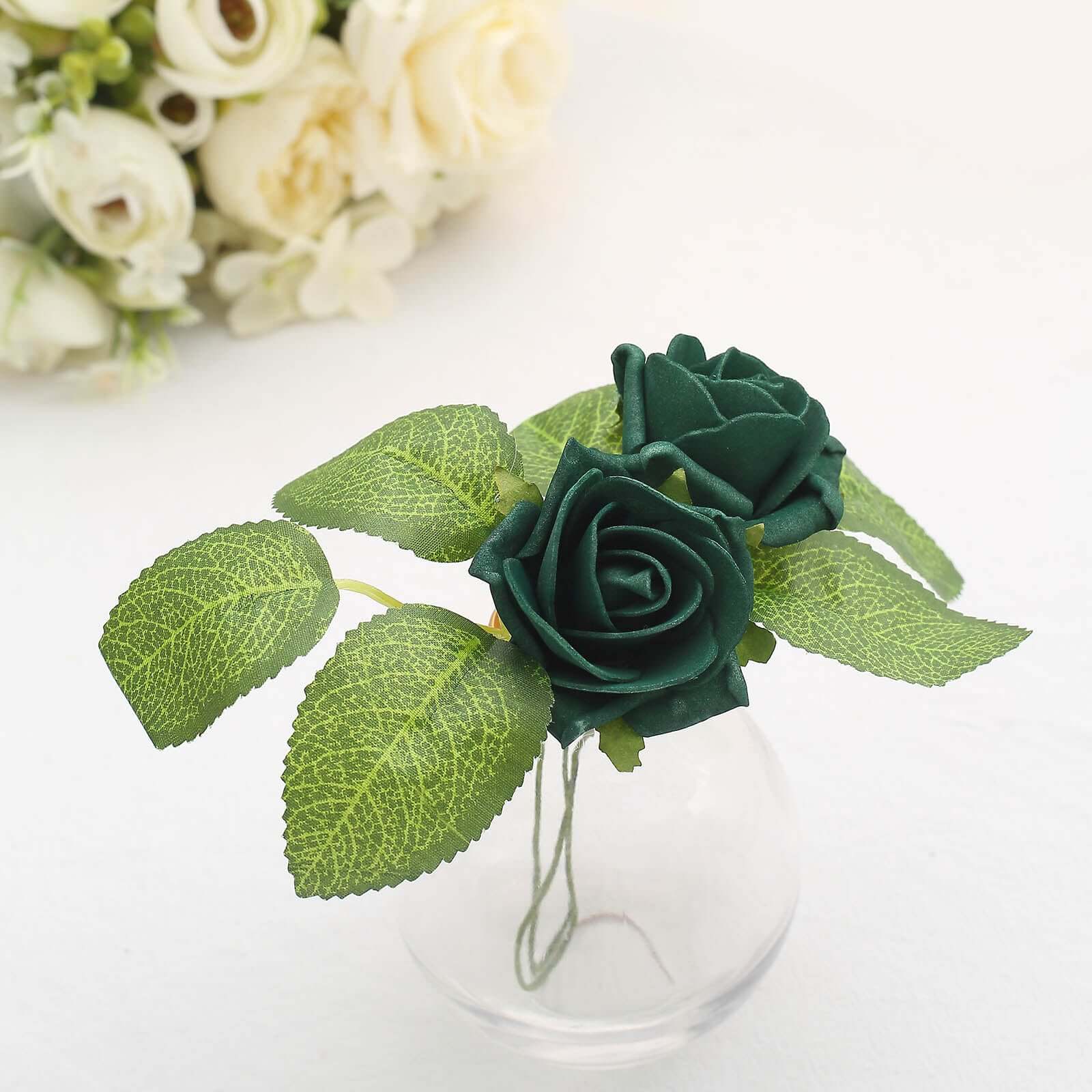 24 Roses 2 Hunter Emerald Green Artificial Foam Flowers With Stem Wire and Leaves