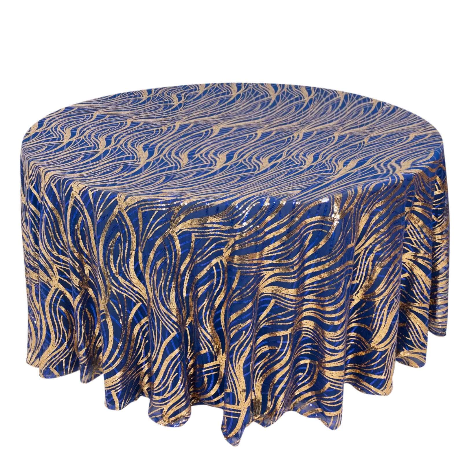 Sequin Mesh 120 Round Tablecloth Royal Blue/Gold - Seamless Wave Embroidered Table Cover