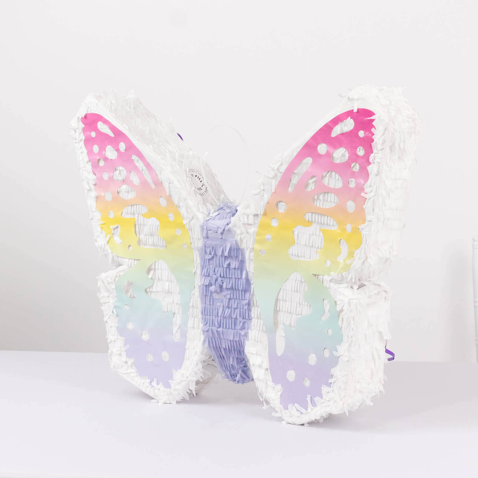 Expandable White Lilac Paper Butterfly Pinata Hanging Decor with Pastel Colored Wings, Fairy Themed Birthday Party Pinata - 23x19