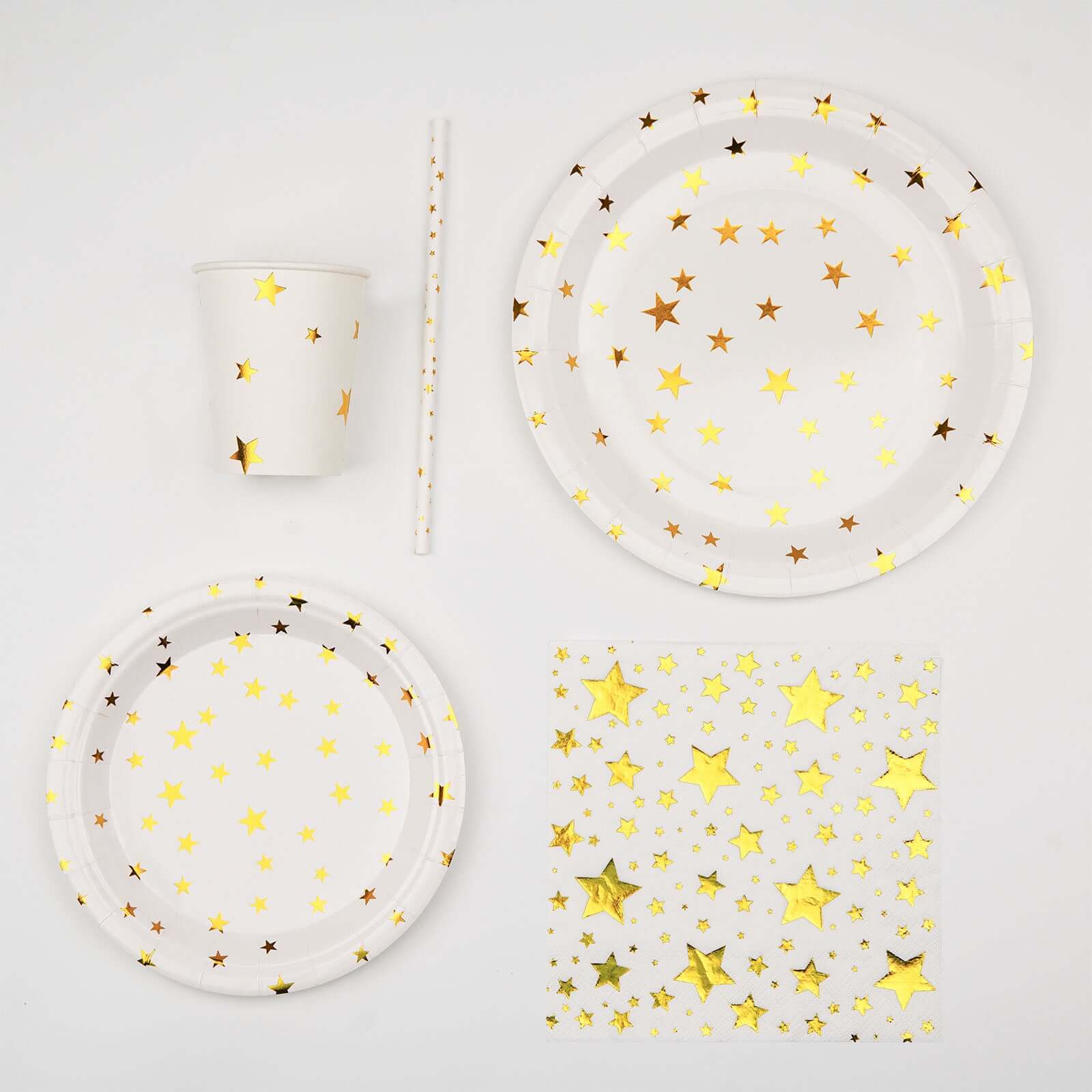 120 Pcs Paper Dinnerware Set White with Gold Stars Design - Disposable Tableware Combo-Pack with Plates, Cups, and Napkins