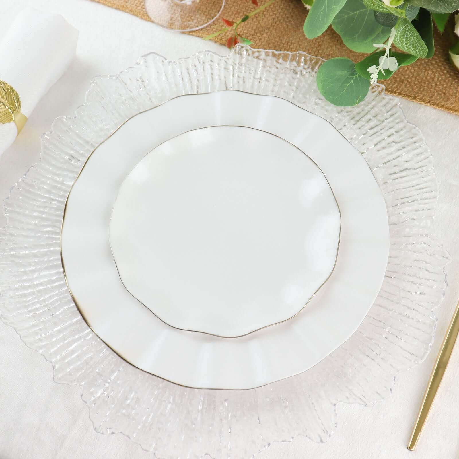 10-Pack Plastic Round 6 Dessert Plates in White Ruffled Rim with Gold Edging - Sturdy Disposable Salad Appetizer Dinnerware for Classy Events & Banquets