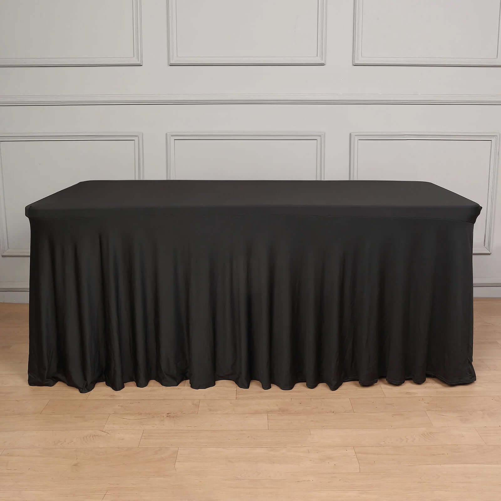 Spandex Rectangle 72x30 Table Skirt Black with Wavy Skirt-Like Effect Table Cover