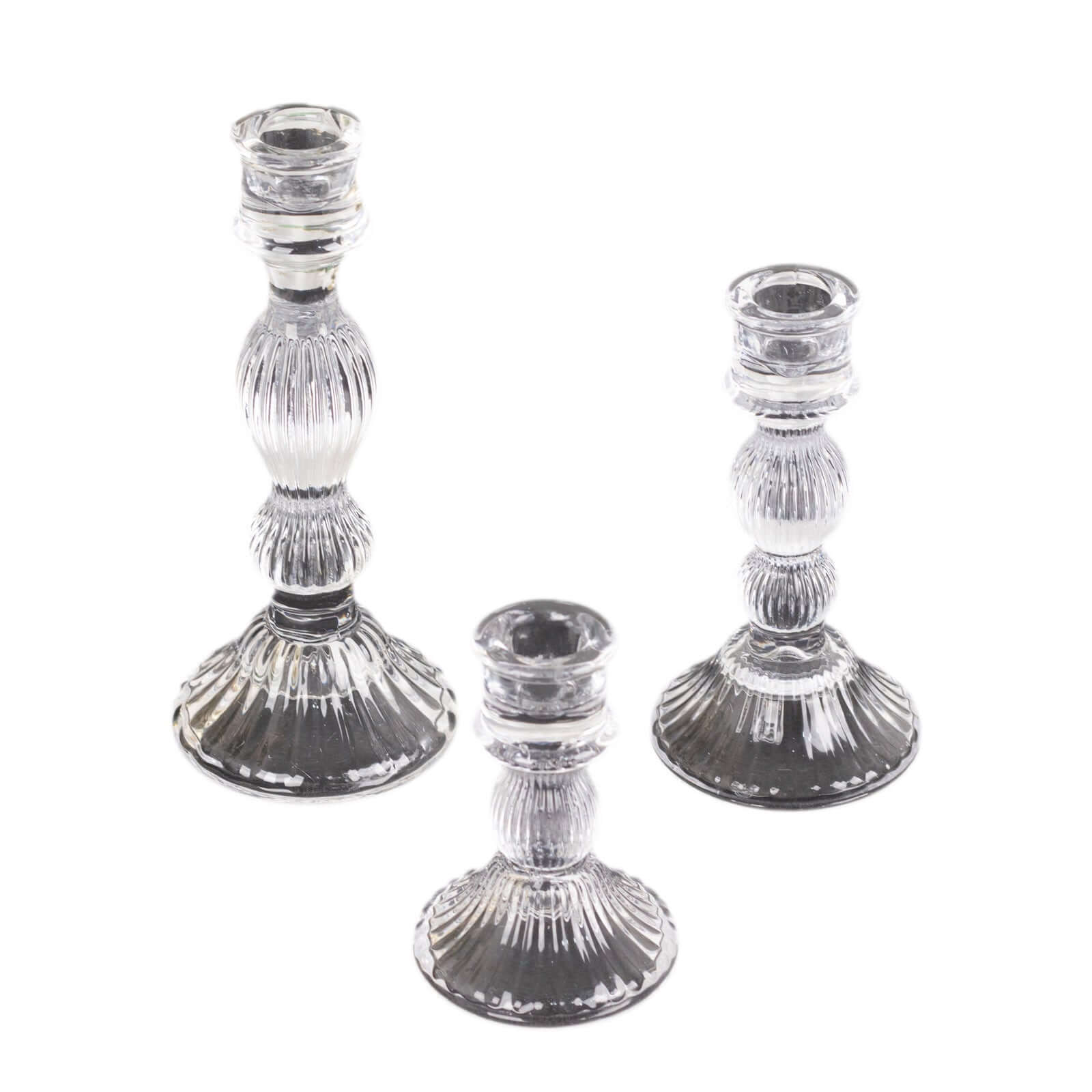 Set of 3 Glass Taper Candle Holders Fluted Design Clear - Ribbed Crystal Candlestick Stands 4, 6, 8