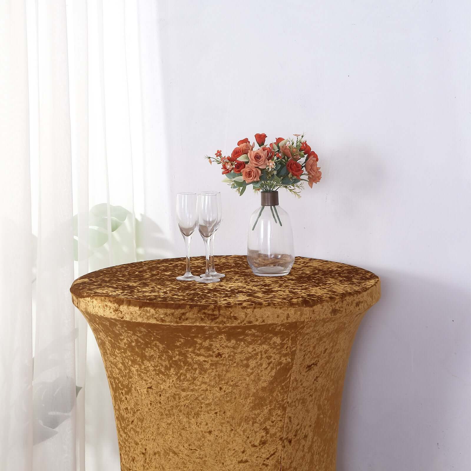 Crushed Velvet Spandex 32 Round Cocktail Table Cover Gold Smooth Highboy Tablecloth