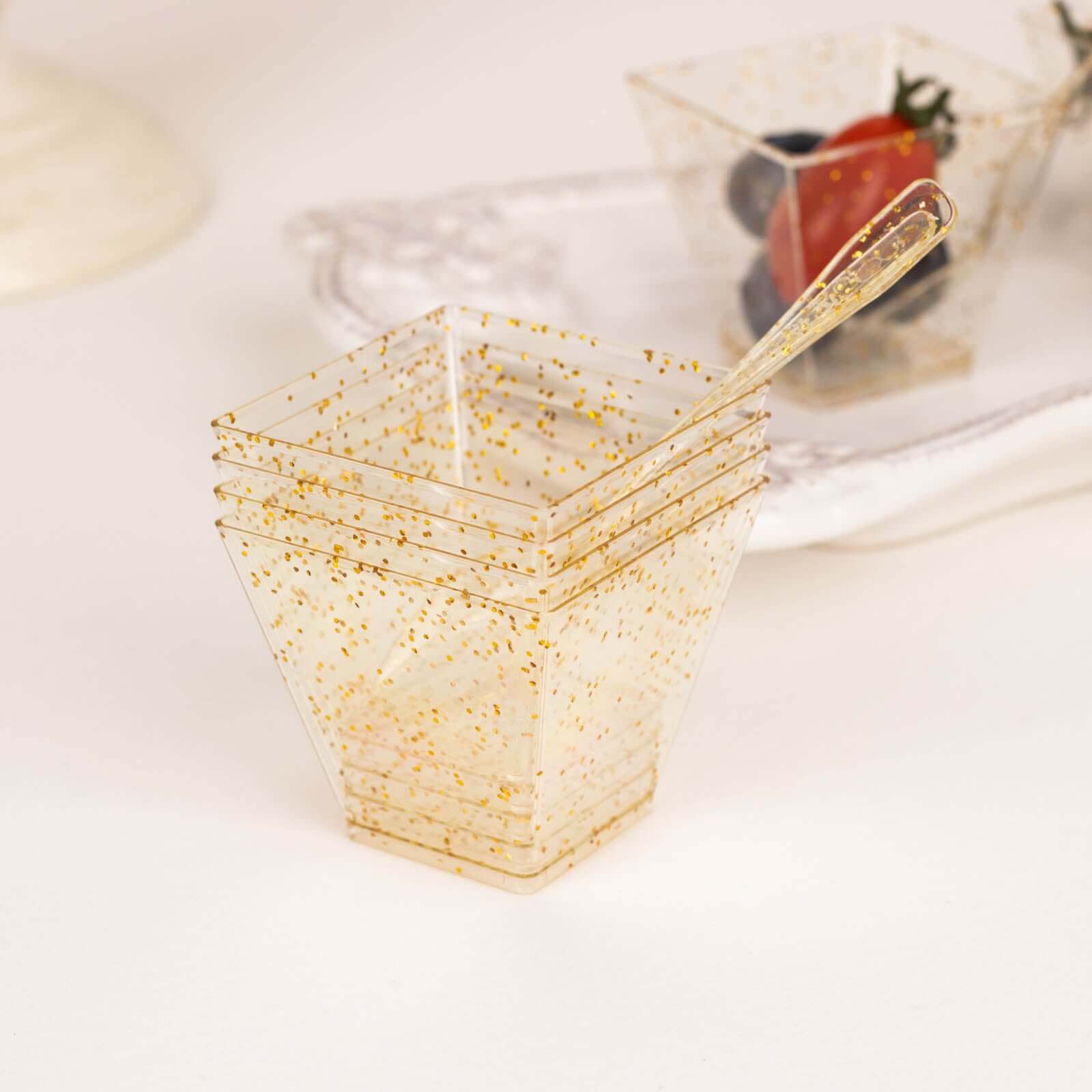 24-Pack Plastic Square Dessert Cups Clear with Gold Glitters - Disposable Snack Serving Bowls and Spoon Set for Parties, Events & Banquets 2oz