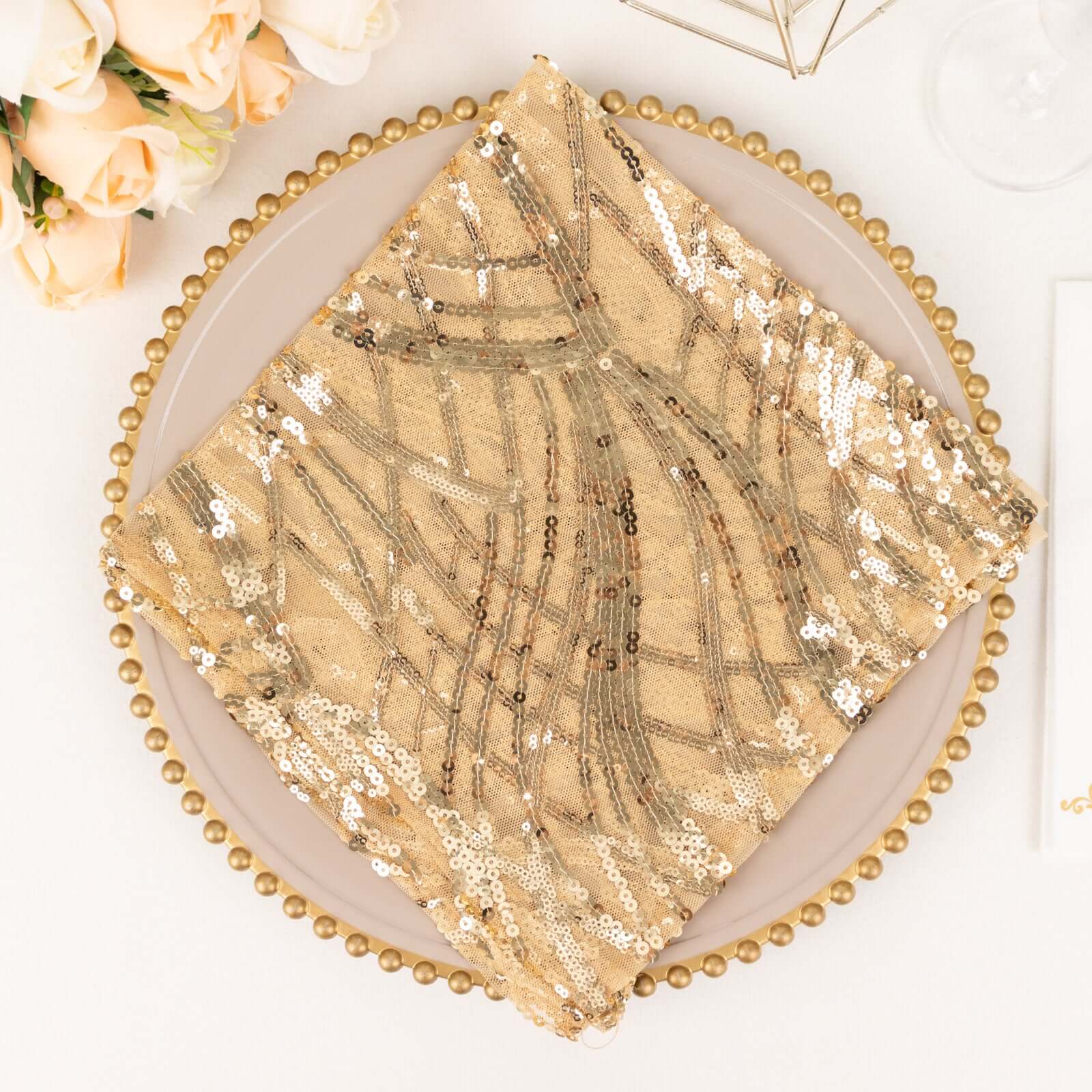 Sequin Mesh 20x20 Napkin Champagne Silver - Wave Embroidered Reusable Napkin