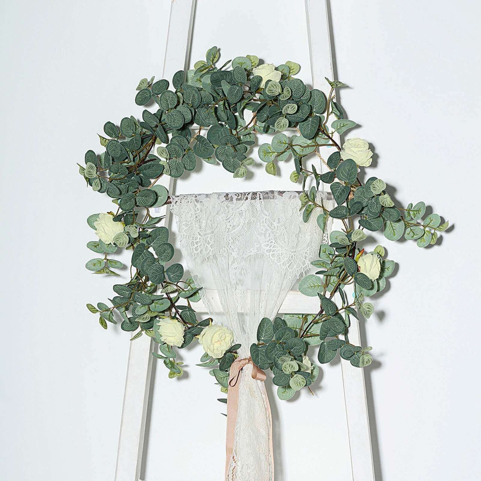 6ft Green Ivory Artificial Eucalyptus Leaf, Rose Flower Garland Vine