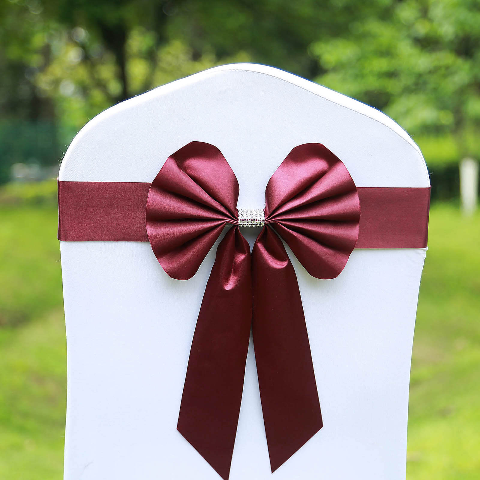 5 Pack Satin Faux Leather Chair Sashes Burgundy - Durable Double Sided Pre-tied Bow Tie Chair Bands with Diamond Rhinestone Buckles