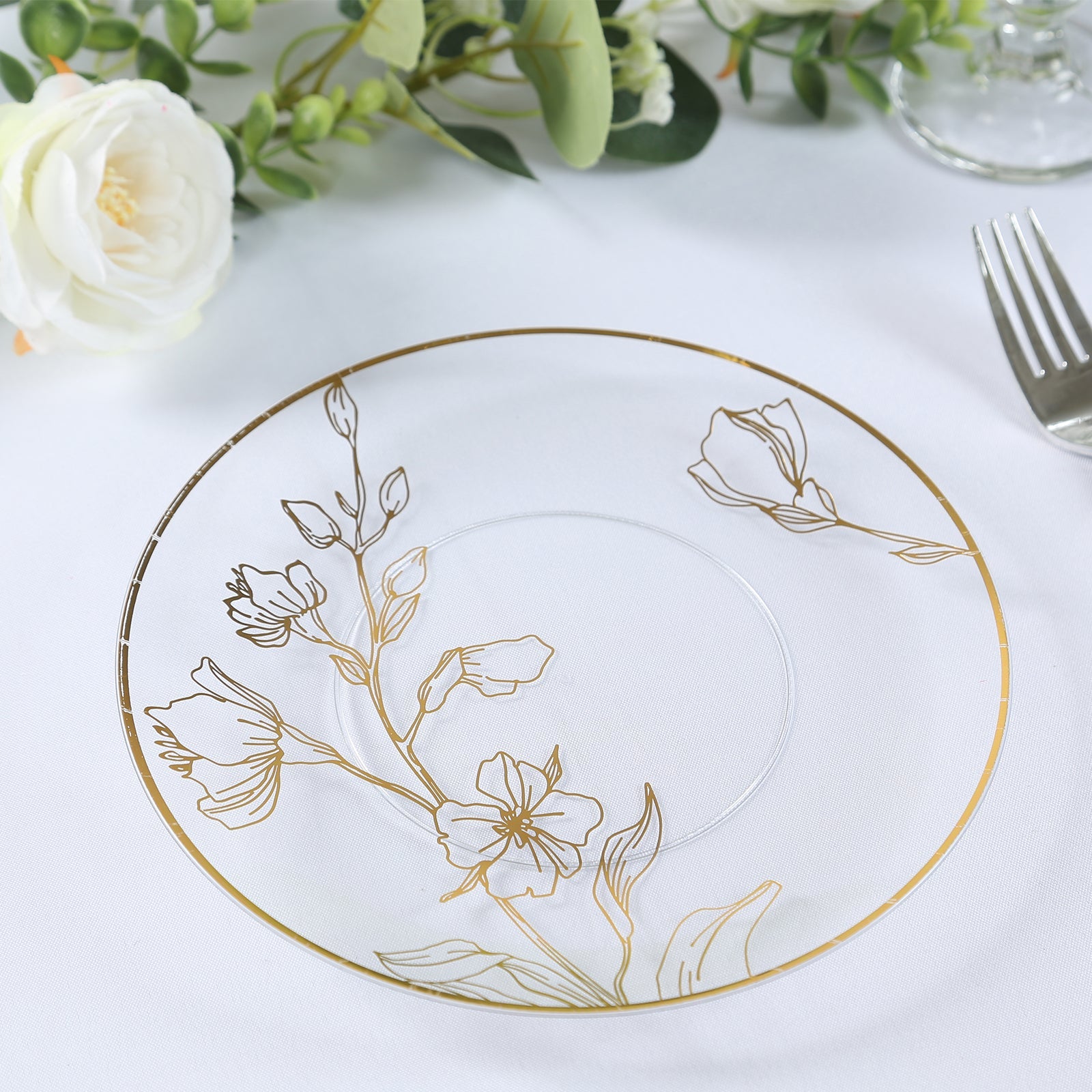 Set of 20 Plastic Round Dinner and Dessert Plates in Clear with Metallic Gold Floral Design - Stylish Disposable Dinnerware 8, 10