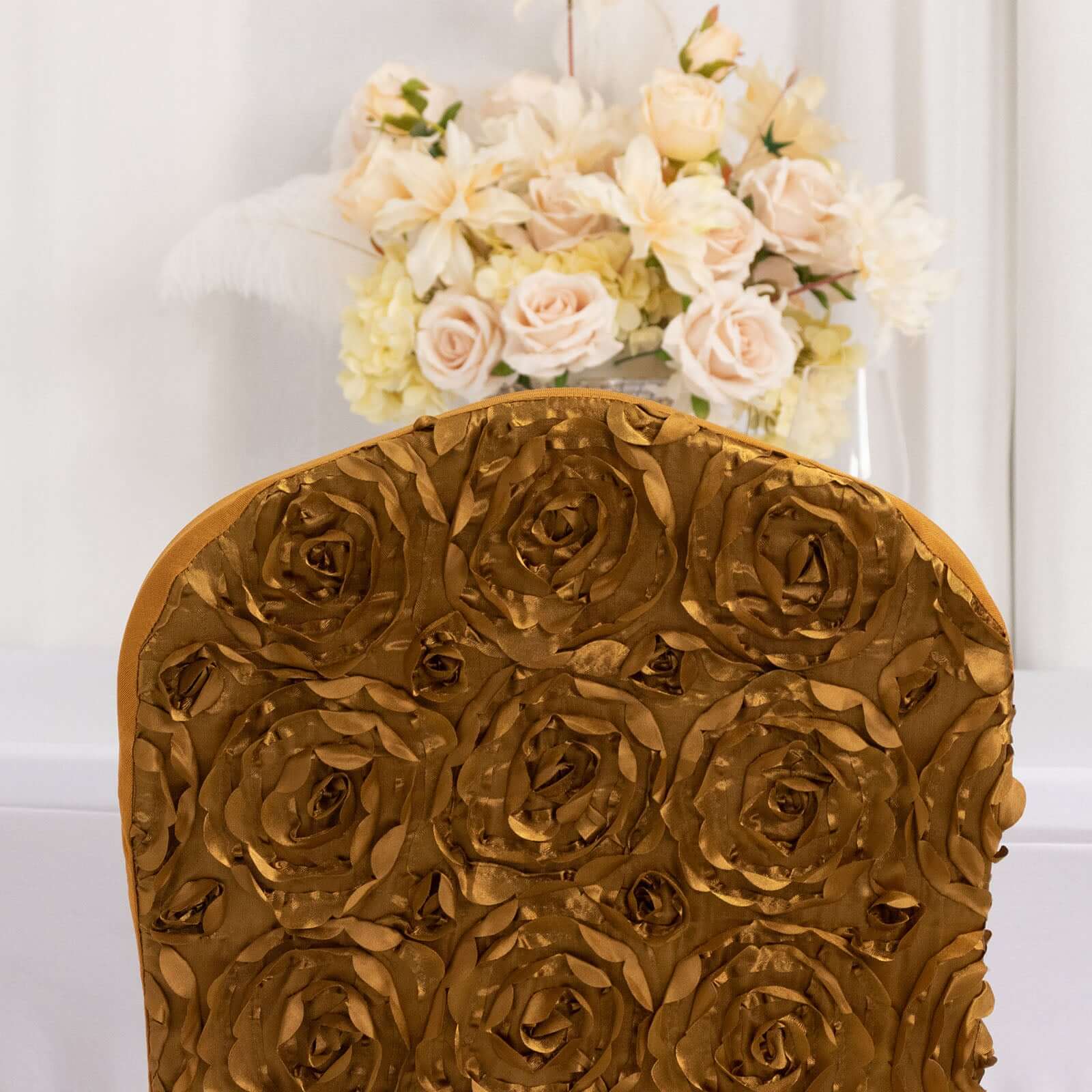 Satin Rosette Chair Cover for Banquet Chairs Gold - Stylish Stretch Fitted Slip-On Design for Sophisticated Gatherings