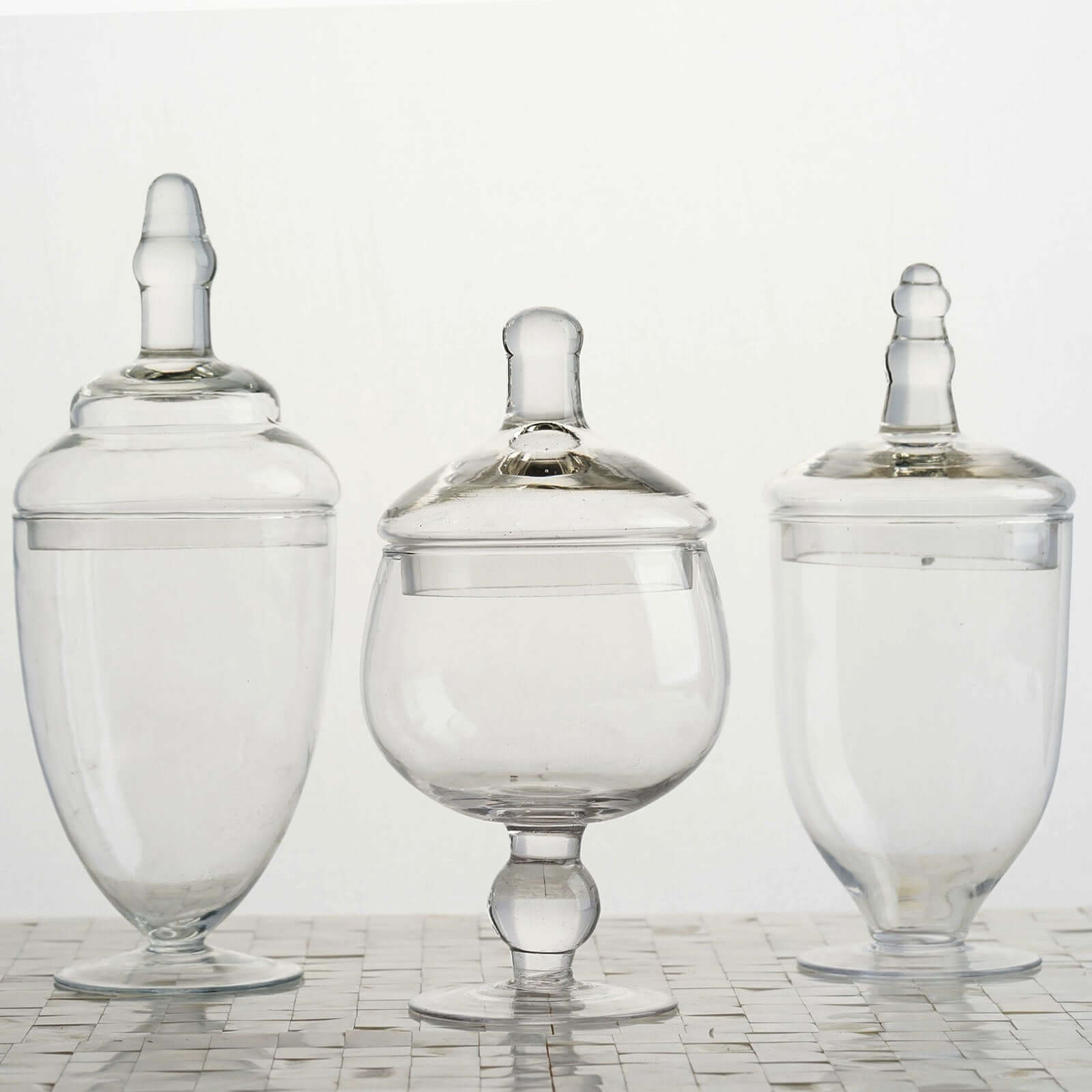 Set of 3 Glass Jars Apothecary Design Clear and Snap-On Lids - Stylish Decorative Candy Buffet Storage 8.5, 9, 10