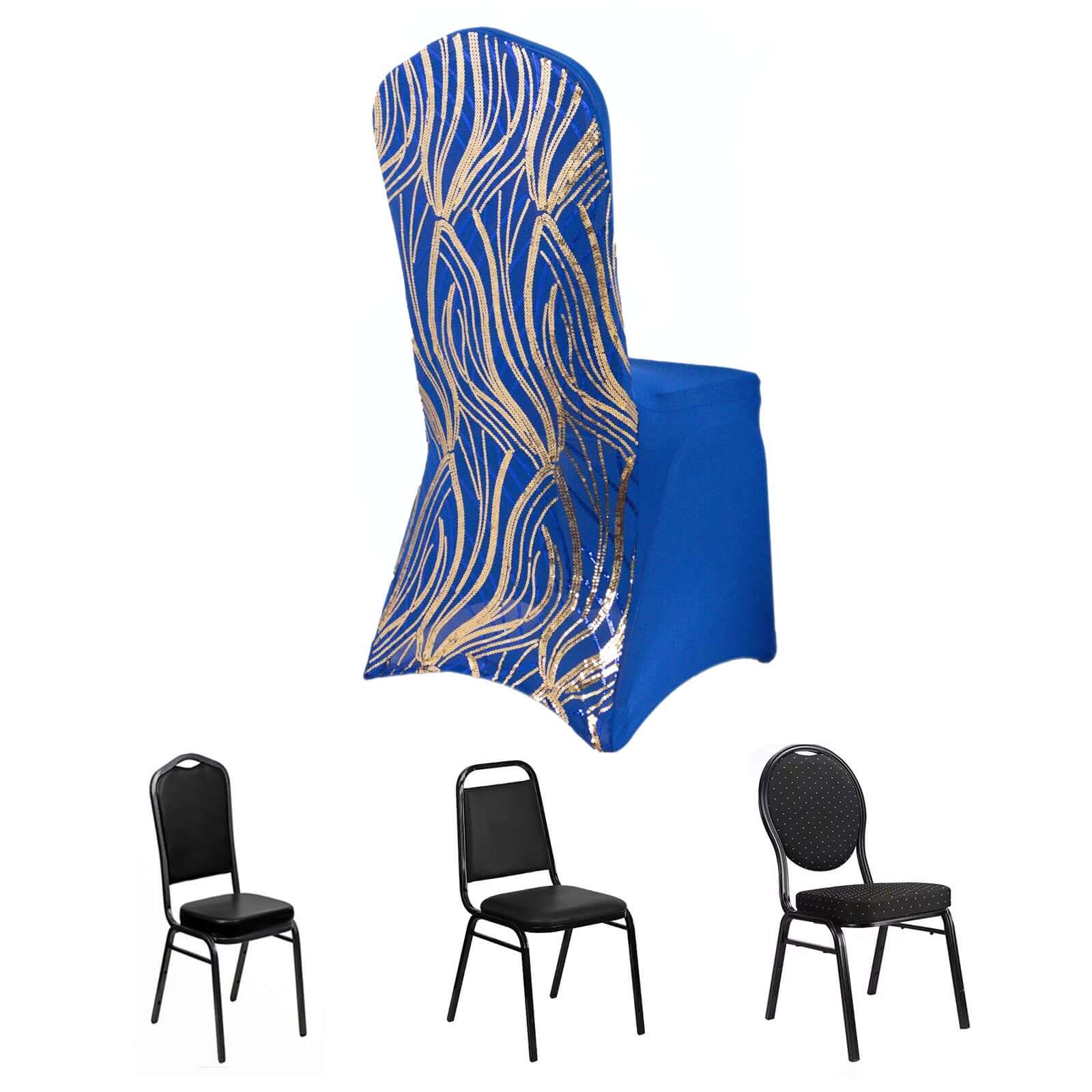 Spandex Chair Cover with Wave Embroidered Sequins for Banquet Chairs Royal Blue/Gold - Glittering Stretch Fitted Slipcover