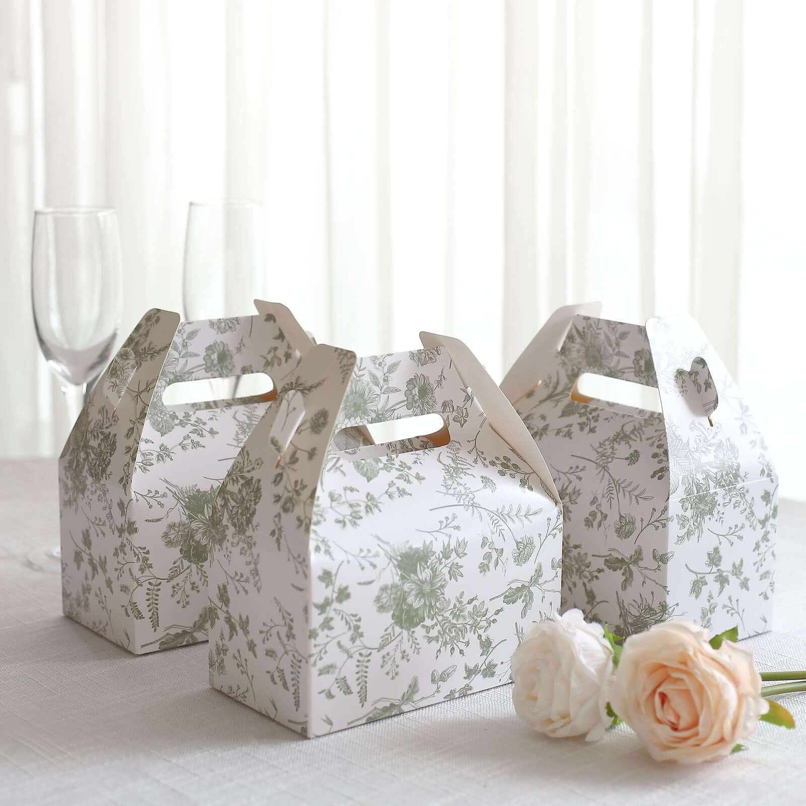 25 Pack White Sage Green Candy Gift Tote Gable Boxes in French Toile Pattern, Party Favor Treat Boxes - 6x3.5x7