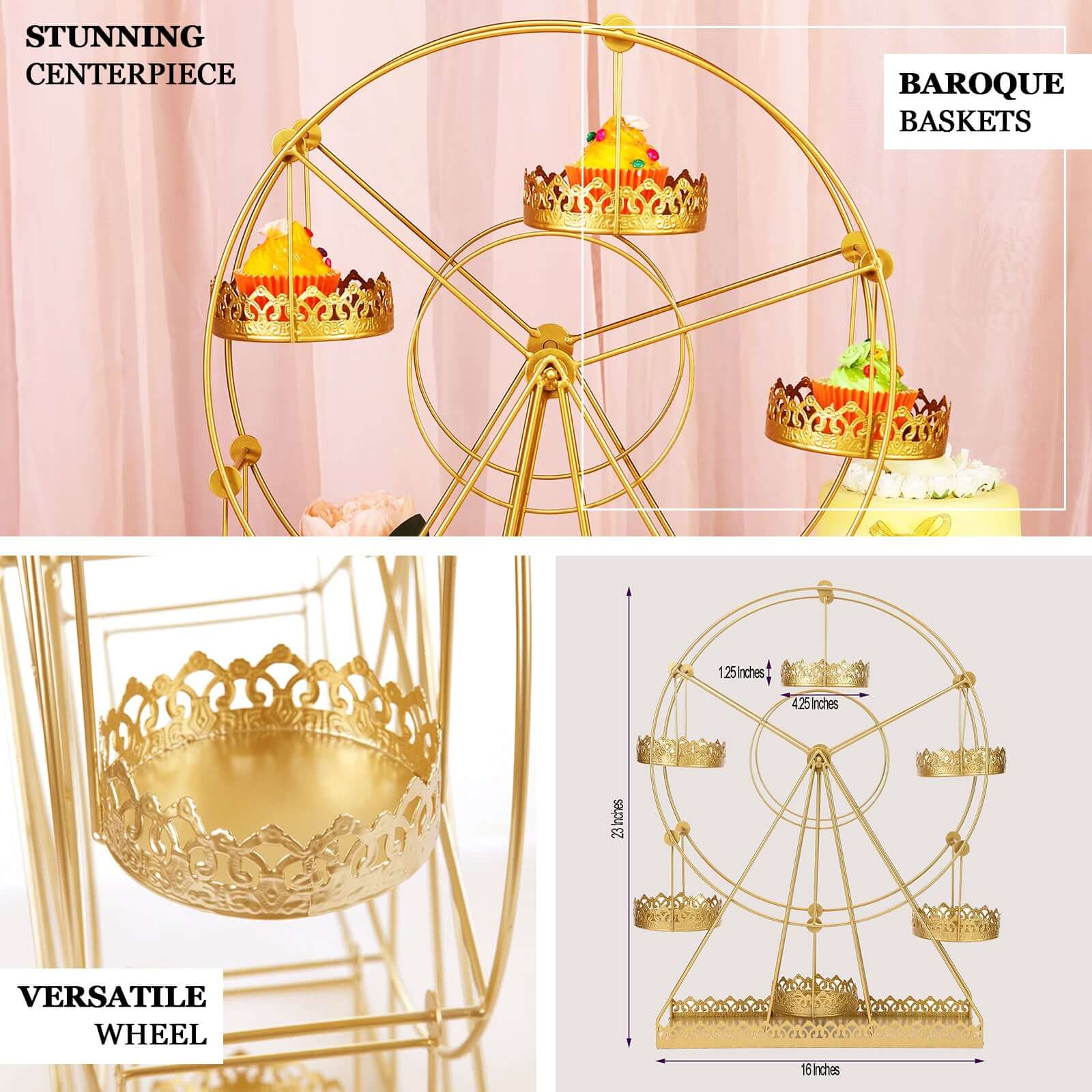 Metal Ferris Wheel Cupcake Holder Gold - Large Decorative Rotating Dessert Display Stand for Carnival-Themed Events Baby Showers & Weddings 23