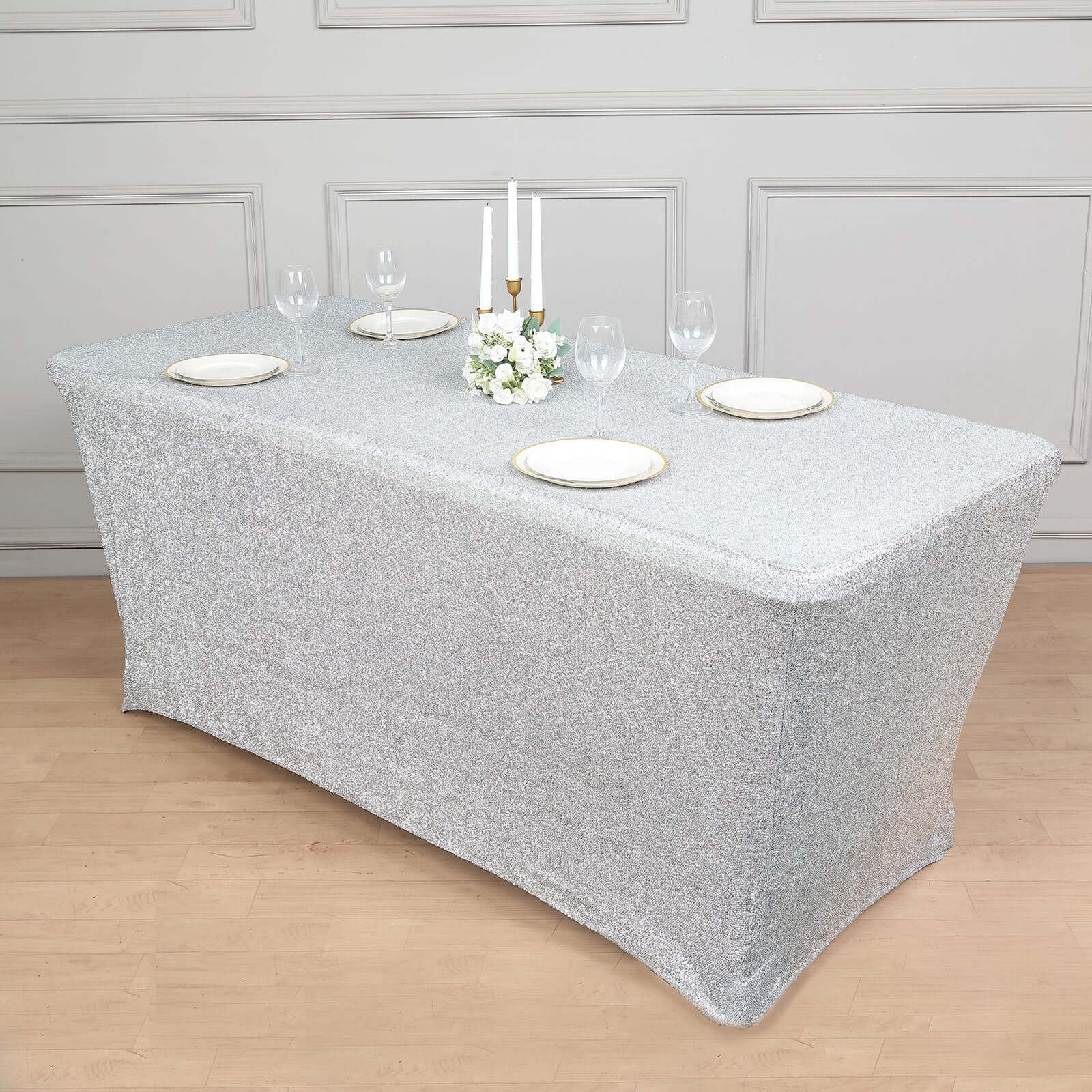 Shimmer Tinsel Spandex 72x30 Rectangle Tablecloth Metallic Silver Glittered Shiny Stretch Table Cover