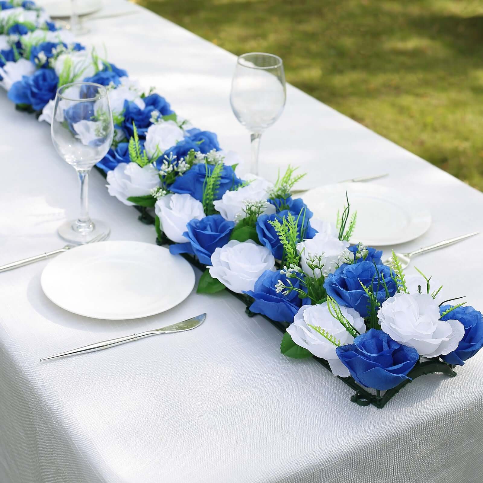 6 Pack White Royal Blue Silk Rose Flower Panel Table Runner, Artificial Floral Arrangements Wedding Table Centerpiece - 20x8