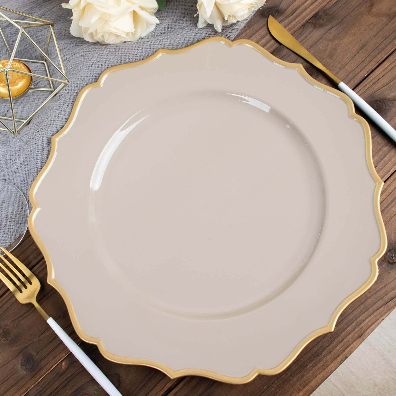 6-Pack Acrylic Round Charger Plates 13 in Taupe with Gold Scalloped Rim, Decorative Dinner Party Plastic Charger Tableware