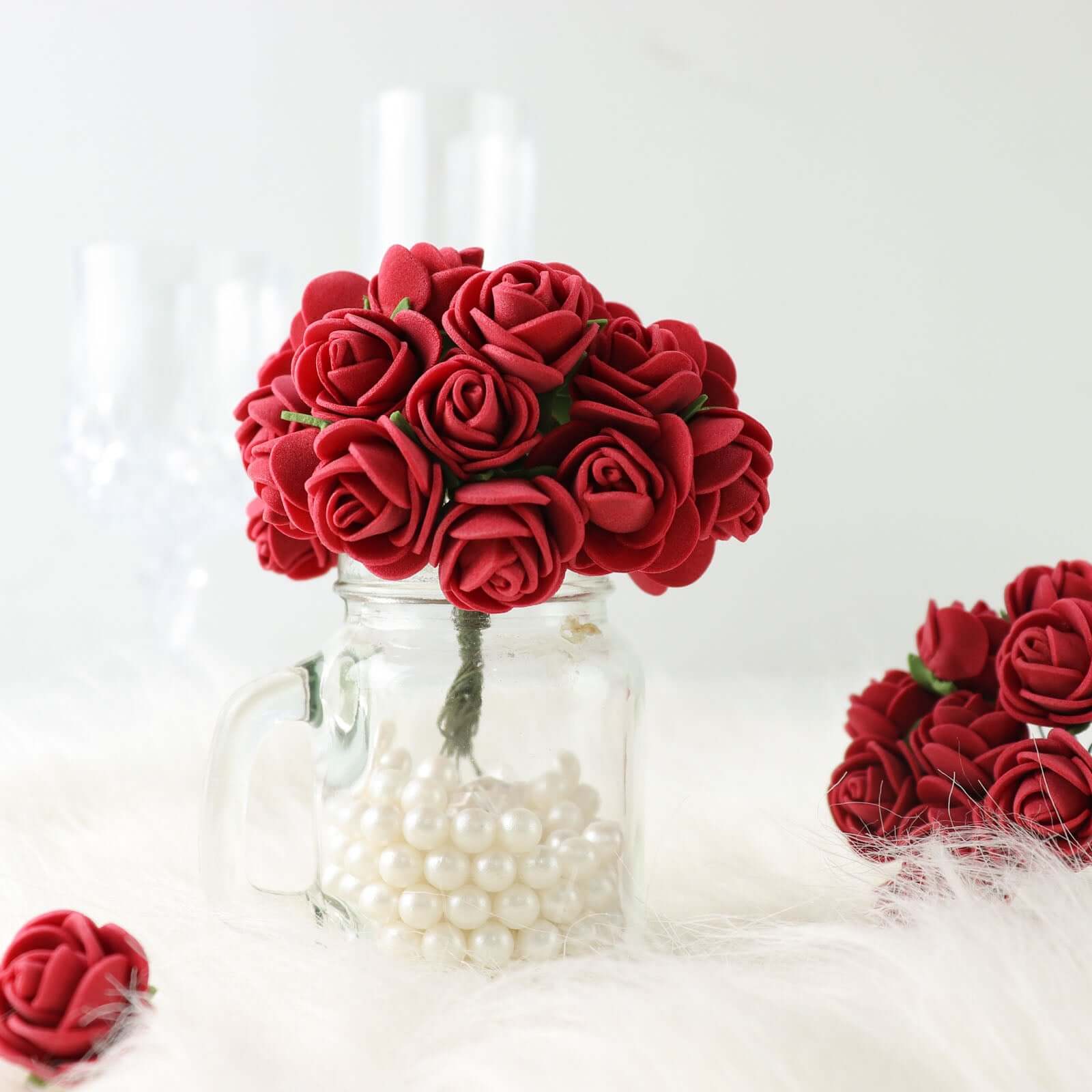 48 Roses 1 Burgundy Real Touch Artificial DIY Foam Rose Flowers With Stem, Craft Rose Buds