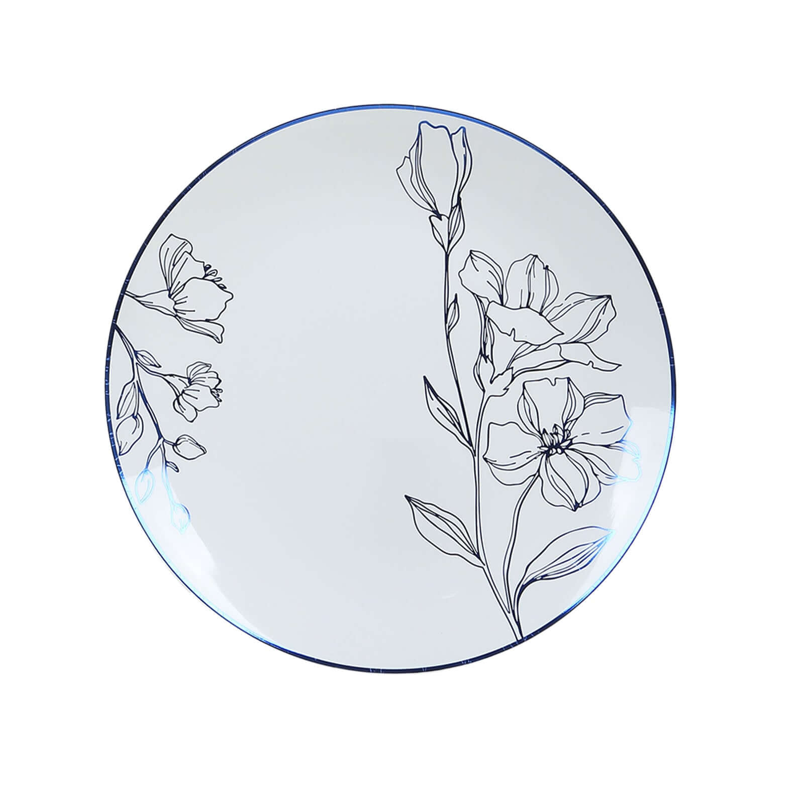 Set of 20 Plastic Round Dinner and Dessert Plates in White with Metallic Blue Floral Design - Stylish Disposable Dinnerware 8, 10