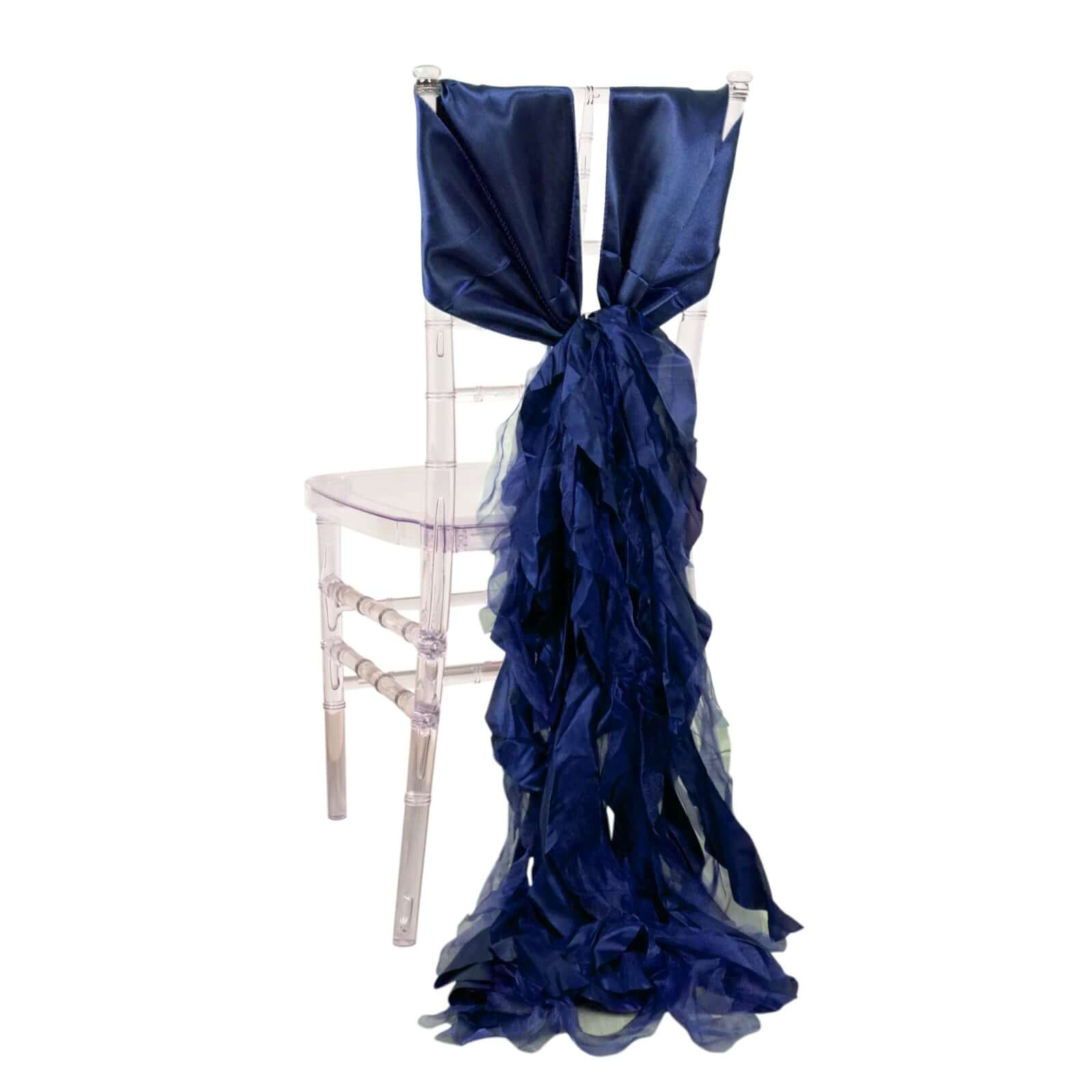 5 Pack Chiffon Satin Chair Sashes Navy Blue - Easy to Install Ruffled Curly Willow