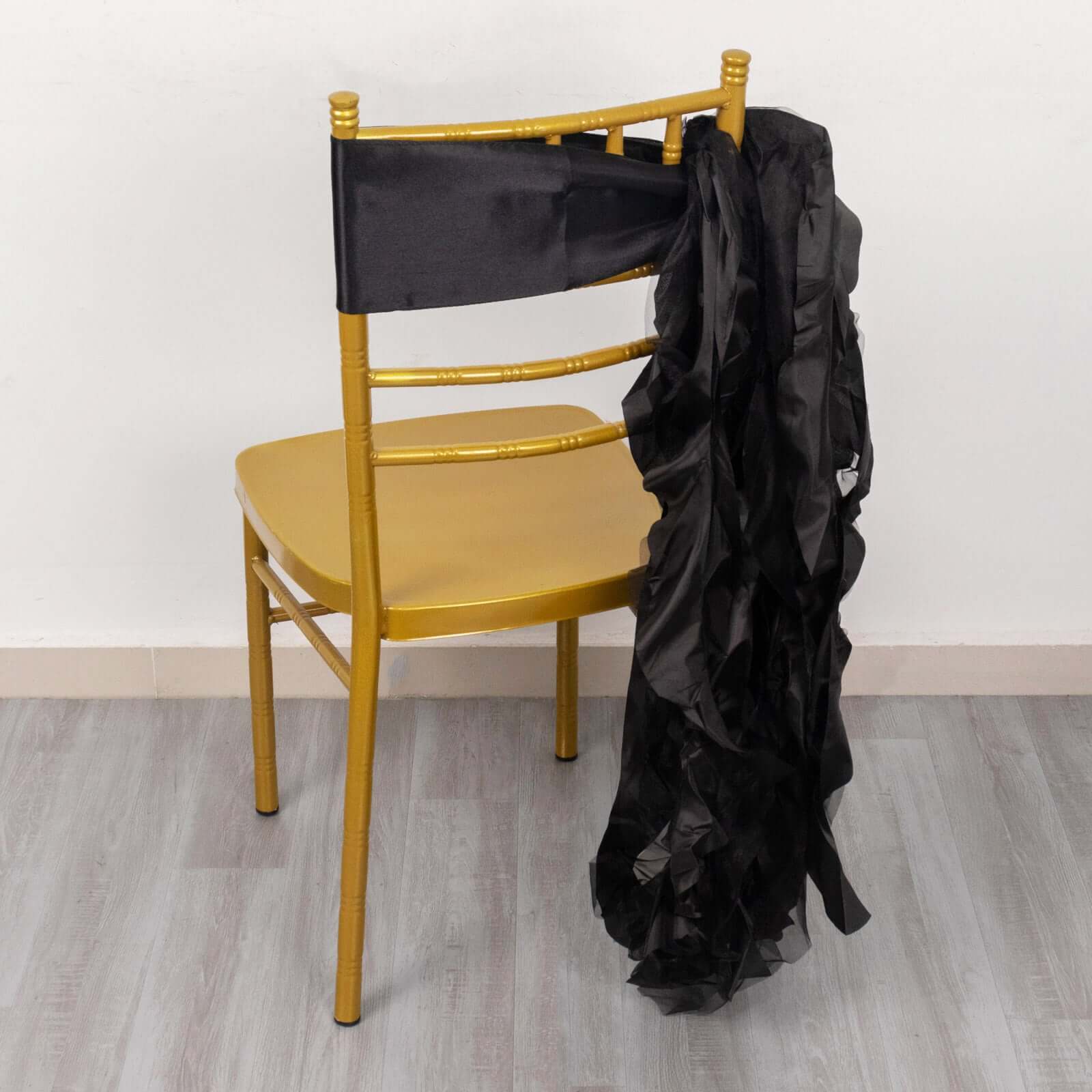 5 Pack Chiffon Satin Chair Sashes Black - Easy to Install Lustrous Ruffled Curly Willow Wedding Chair Decorations