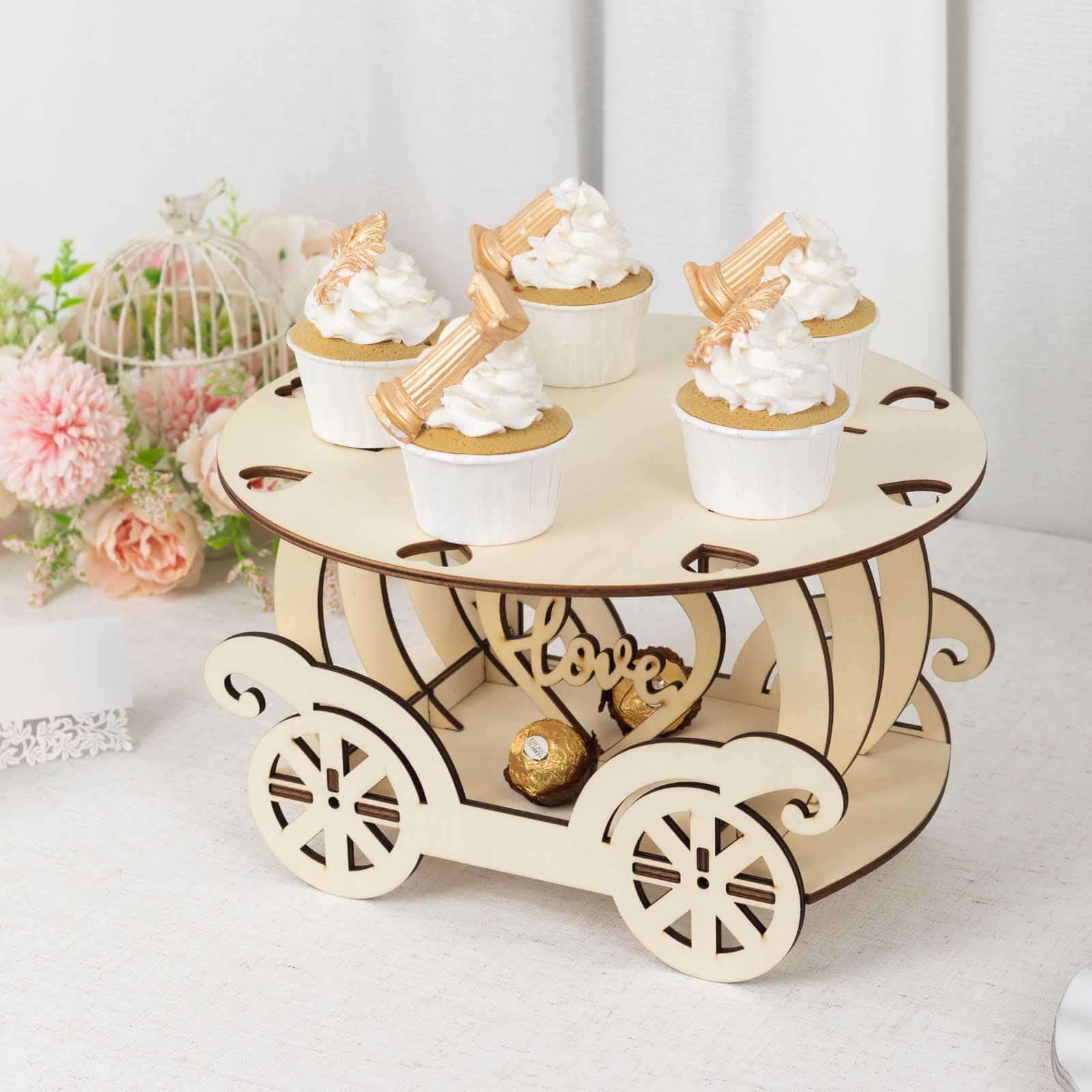 Wooden Wedding Cake Stand Carriage Shape Natural with Laser Cut Design - Round Cupcake Holder Display Plate 12