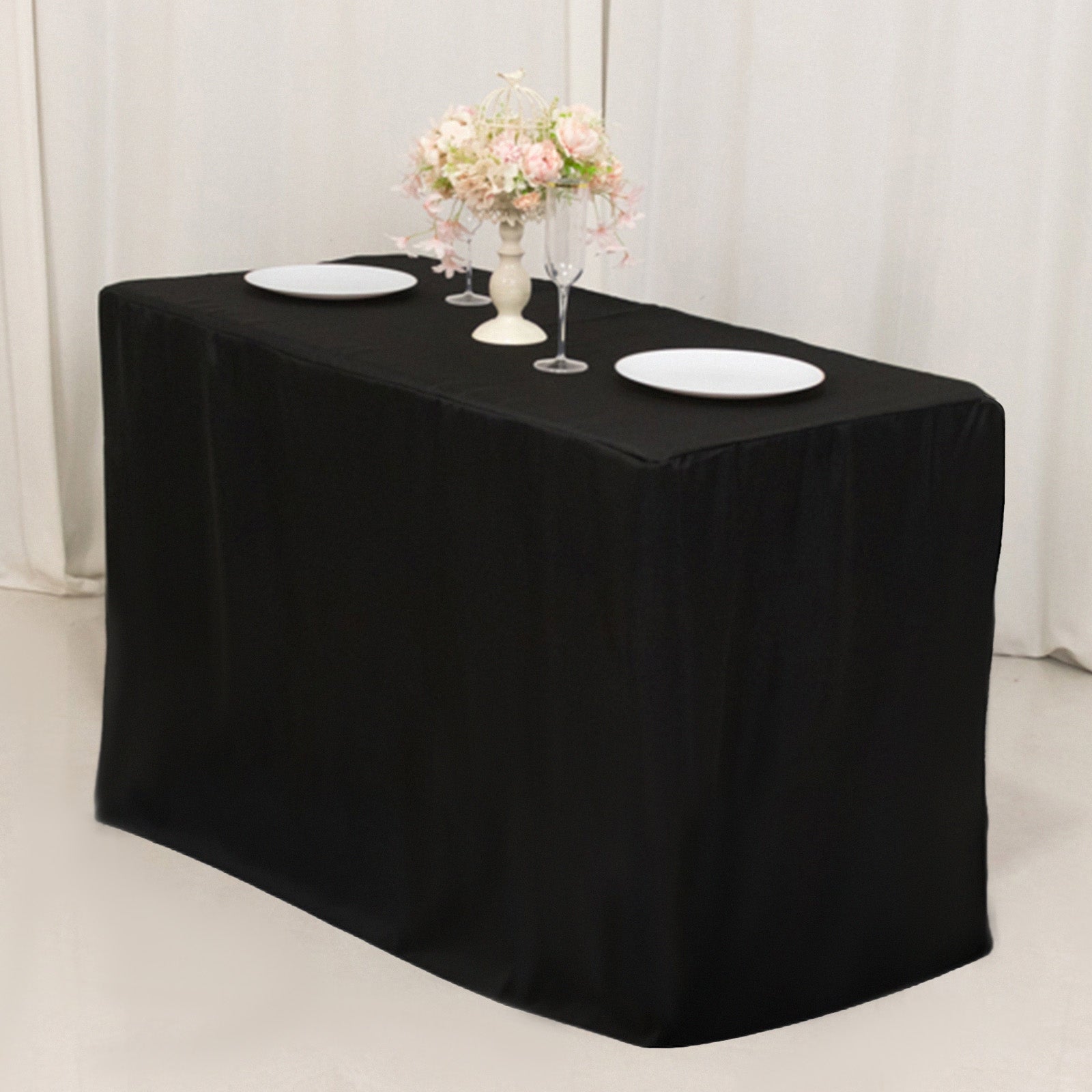 Fitted Polyester 48x24x42 Rectangle Tablecloth Black - Snug Fit for Elevated Tables