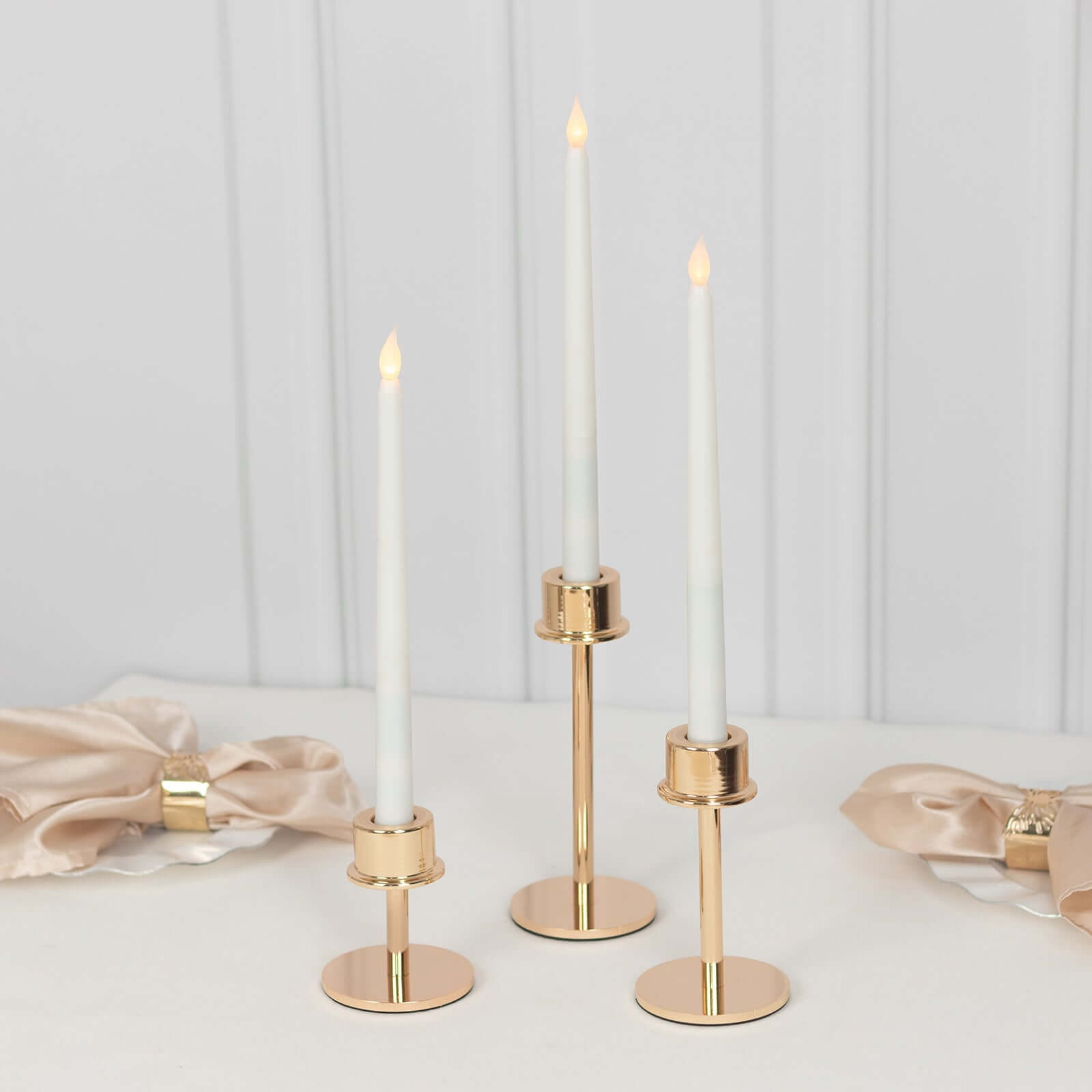 Set of 3 Metal Taper Candlestick Holders Gold with Round Base - Hurricane Candle Stands 3.5, 5.5, 8