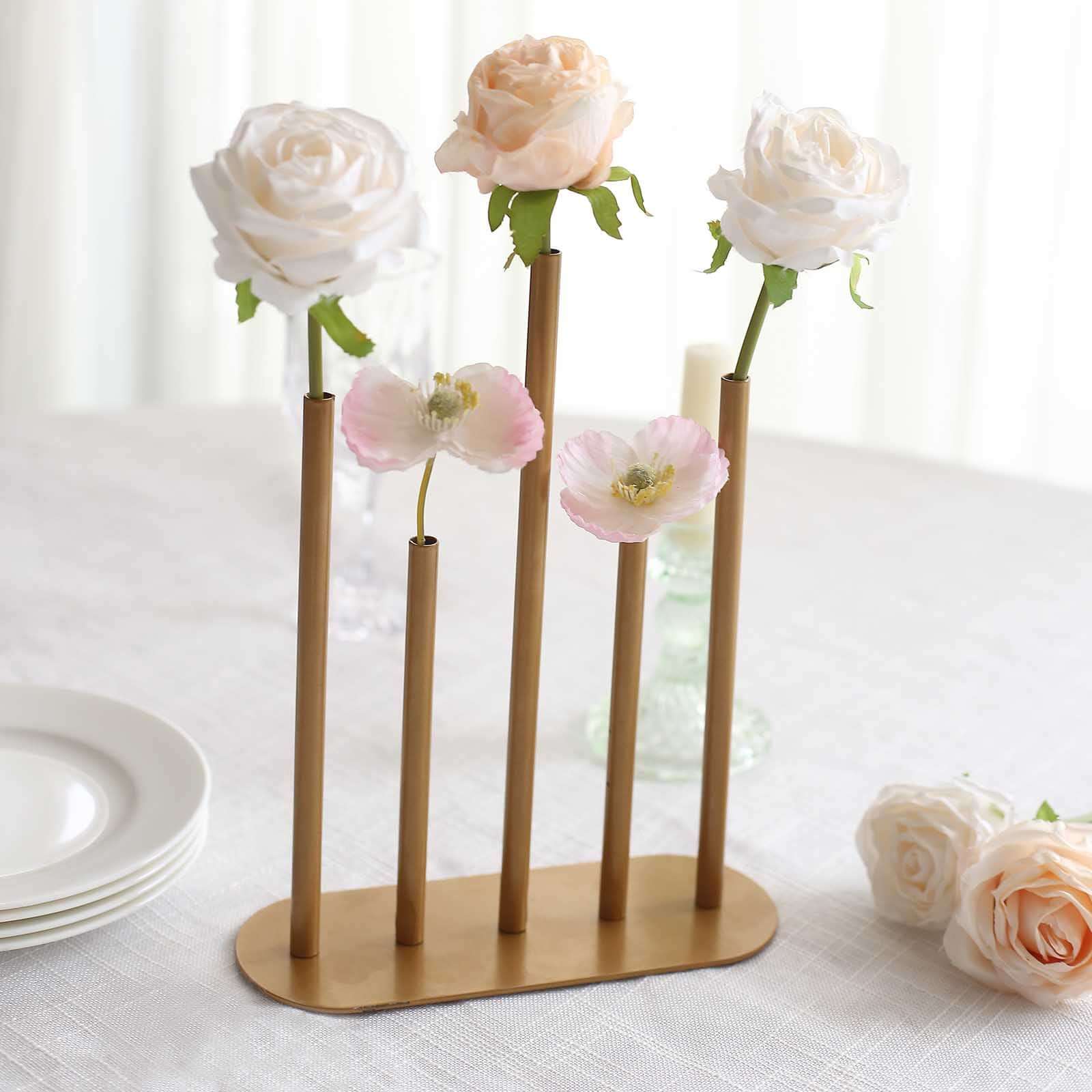 Bud Vase Gold Metal Minimalist Design with 5-Tubes - Single Stem Flower Centerpiece 10