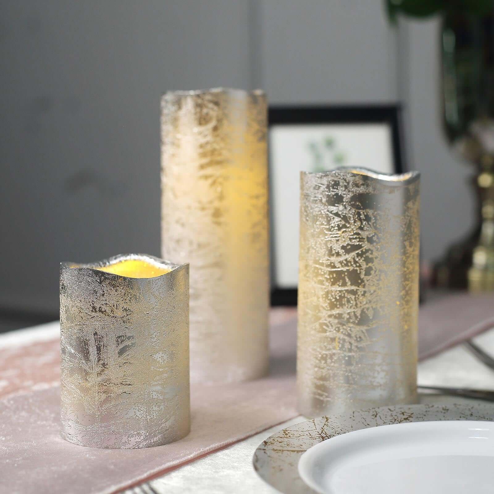 Set of 3 LED Flameless Pillar Candles Remote Operated Metallic Silver - Battery Powered 4, 6, 8