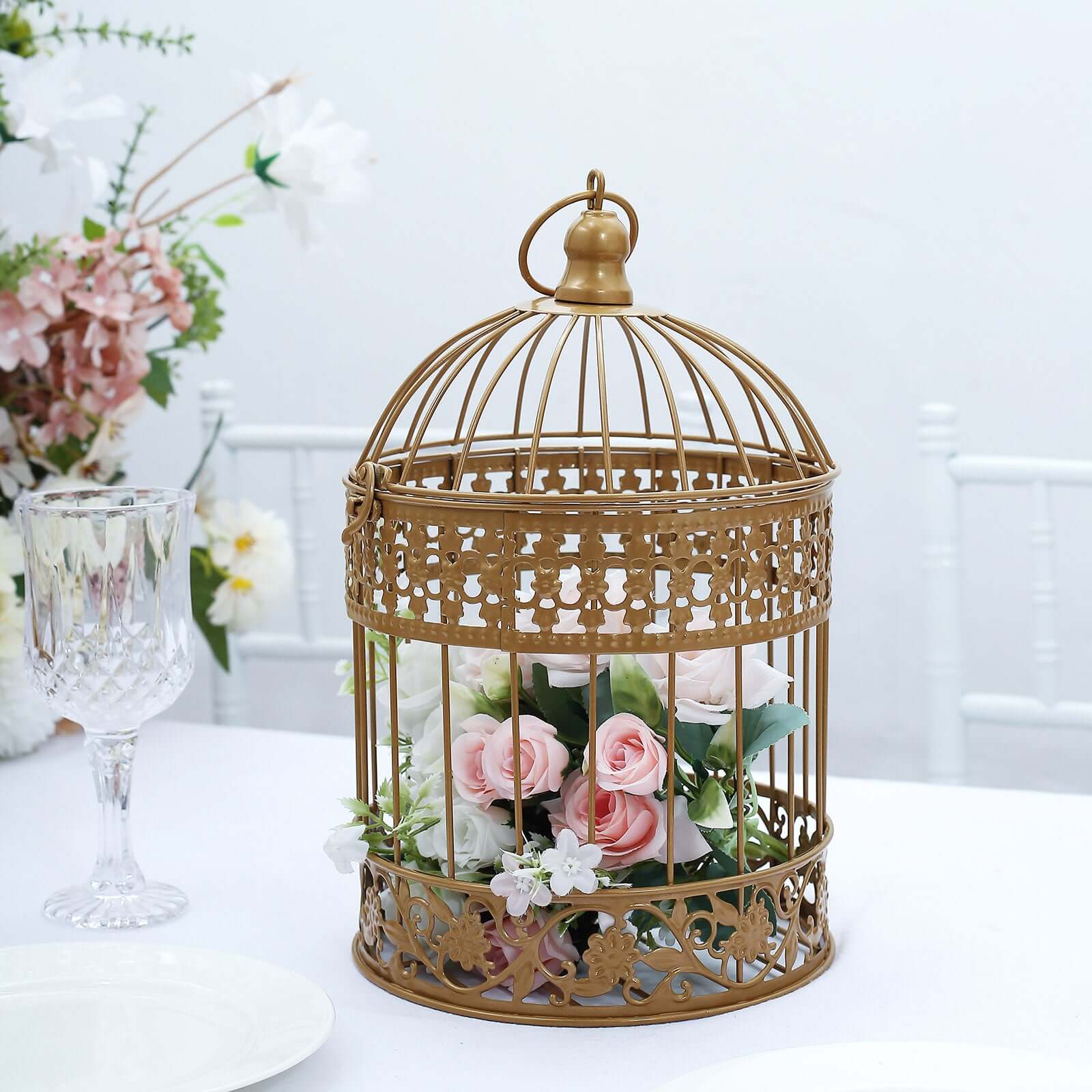 Set of 2 Card Holders Wrought Iron Bird Cage Design Metallic Gold - Decorative Display Stand 9/13