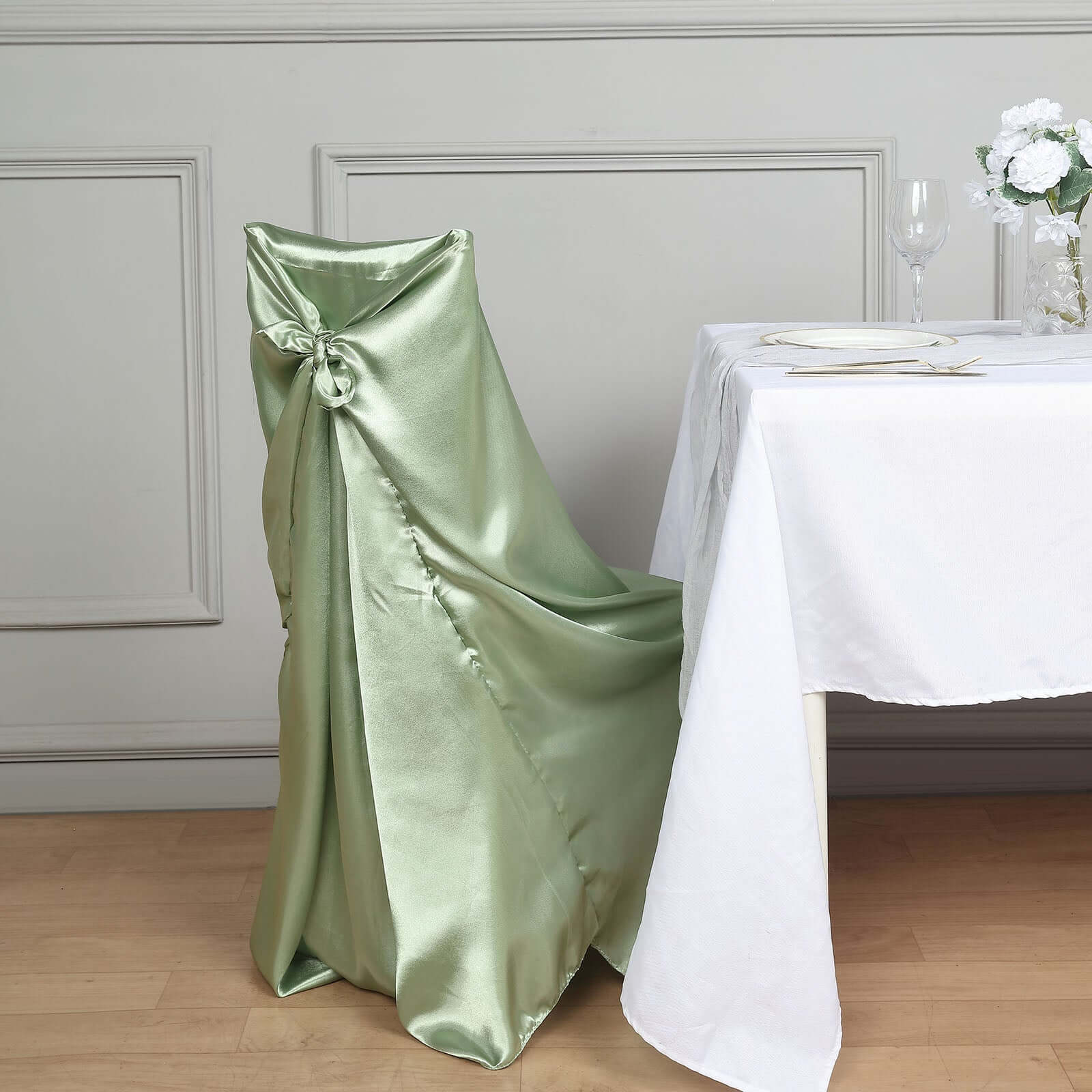 Satin Chair Cover Self-Tie Universal Design Sage Green - Durable Slip-On Cover for Folding, Dining, Banquet & Standard Chairs