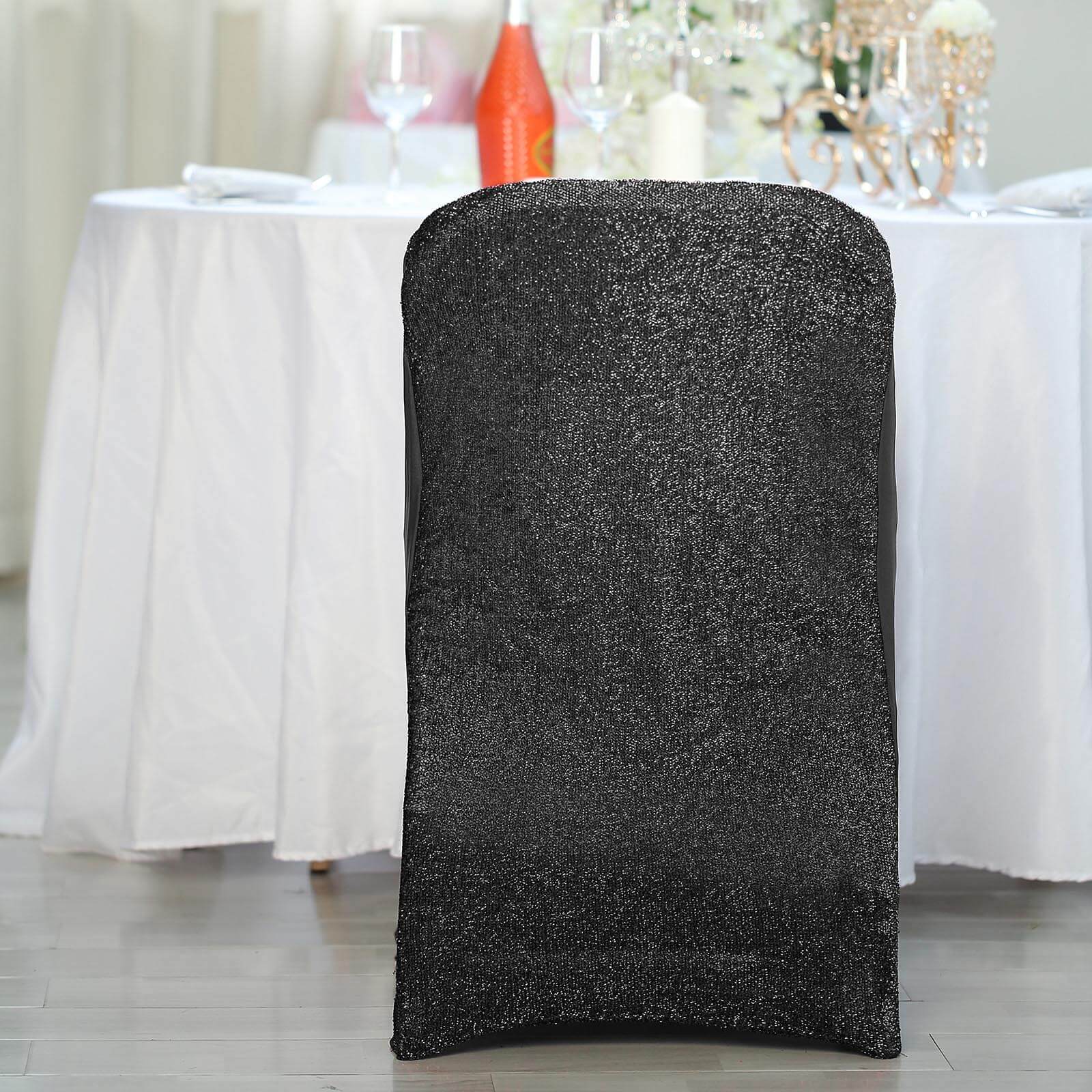 Stretch Spandex Chair Cover Black for Folding Chairs - Metallic Shimmer Tinsel Back Design Fitted Slipcover