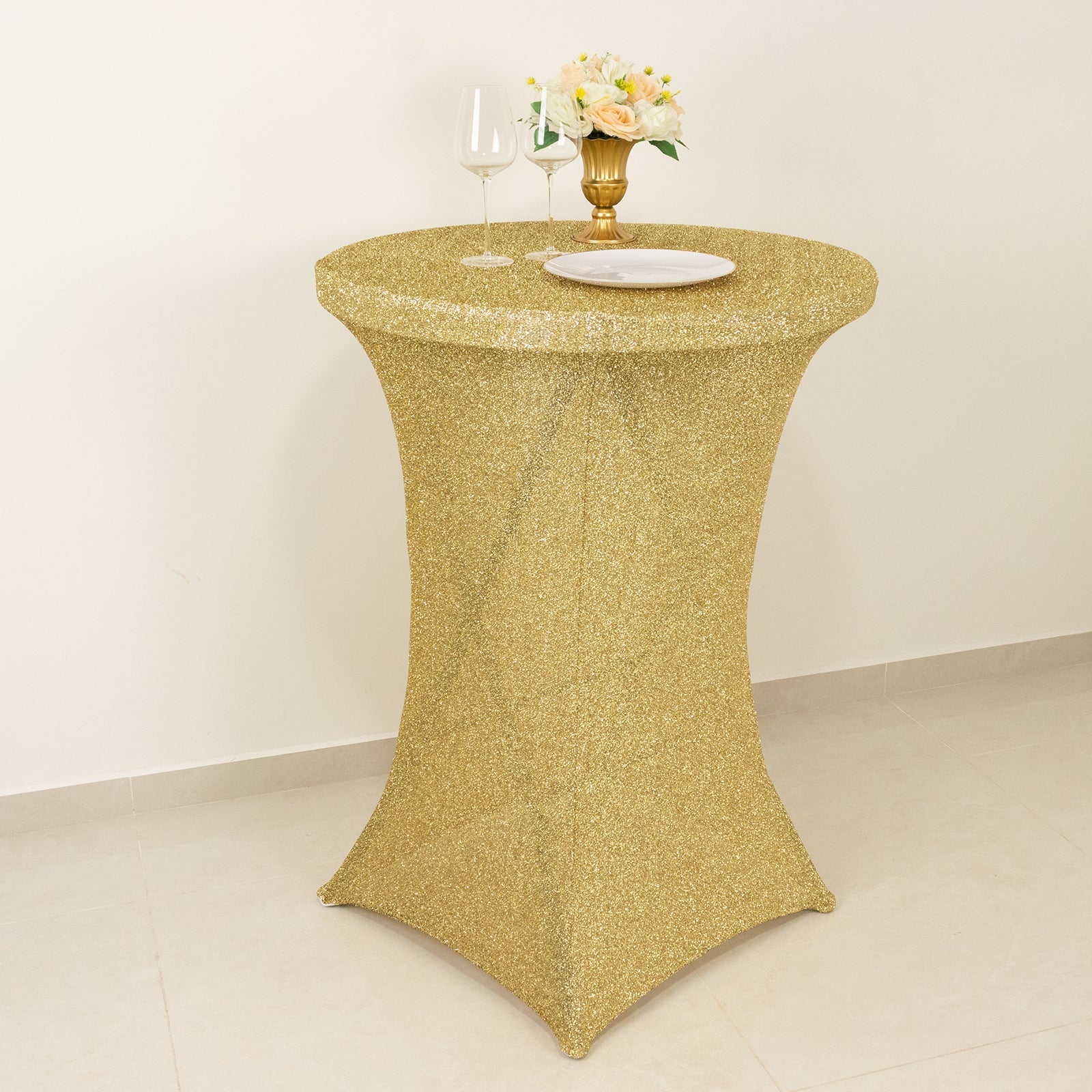 Metallic Spandex 36 Fitted Glitter Round Cocktail Table Cover Champagne - Stretch Fit for High Top Tables