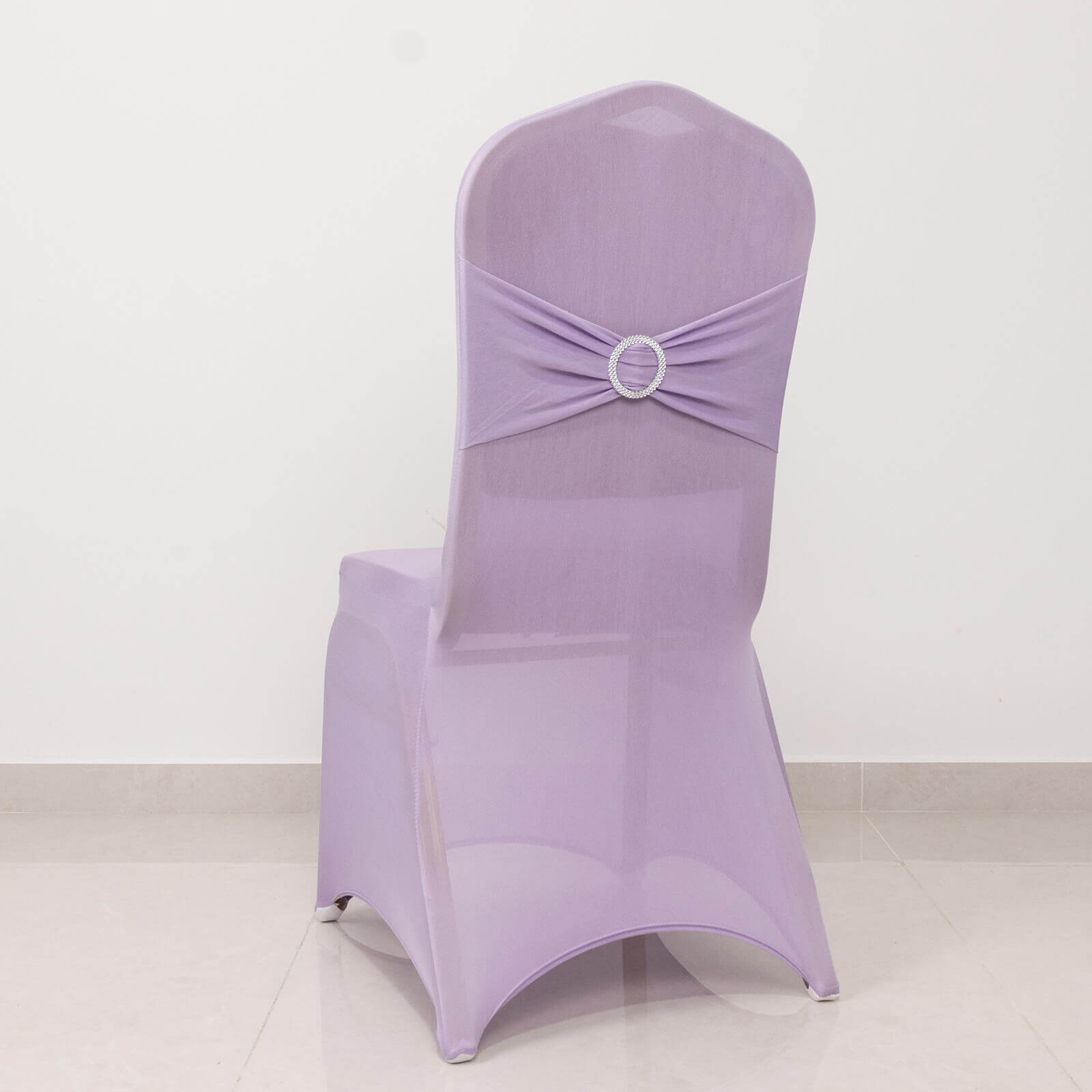 Spandex Chair Cover with Lavender Lilac Rhinestone Buckled Sash Band Blush - Stretch Fitted Slipcover