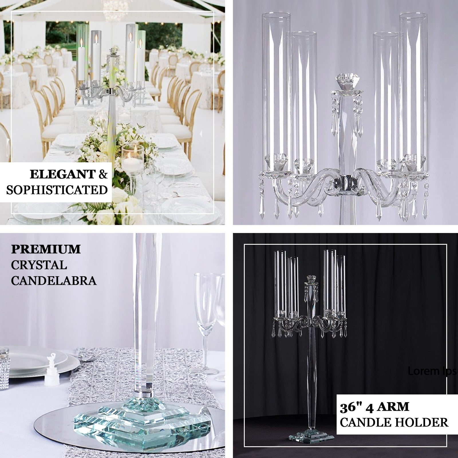 4 Arm Crystal Glass Taper Candle Holder Candelabra, Decorative Table Centerpiece With Chandelier Chains 36