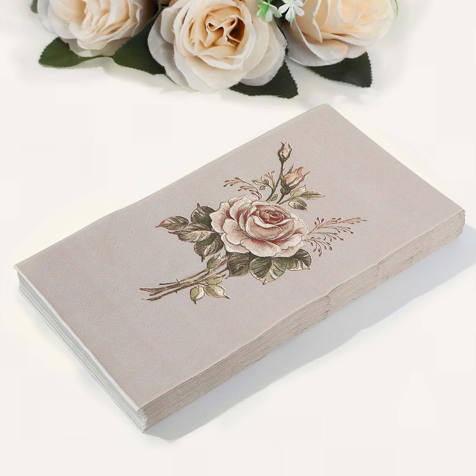 20-Pack Paper Dinner Napkins Ivory with Vintage Pink Rose Print 2 Ply - Stylish Boho Napkins for Events