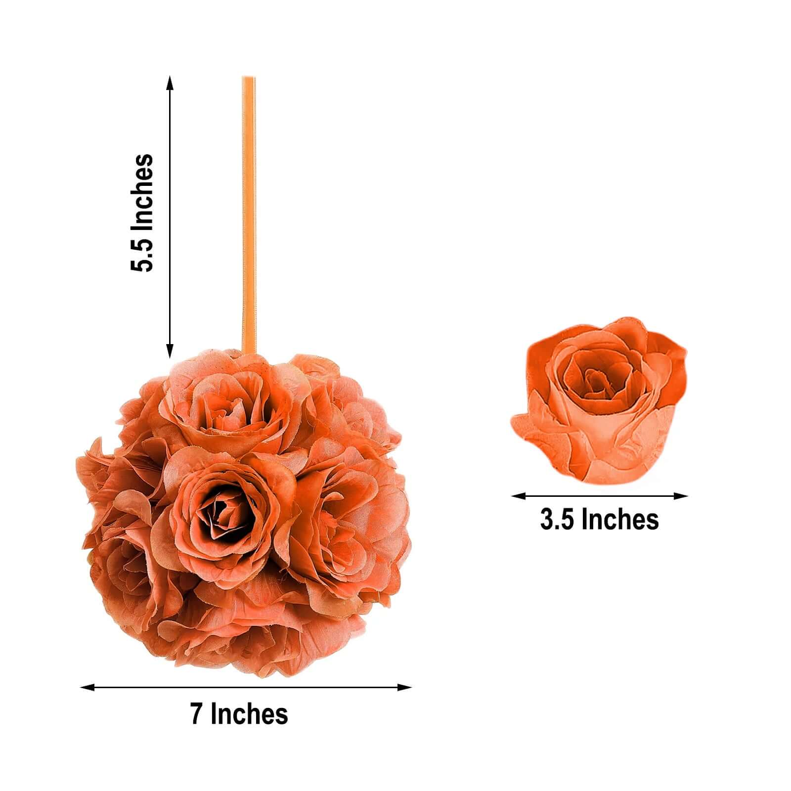 2 Pack 7 Terracotta (Rust) Artificial Silk Rose Kissing Ball, Faux Flower Ball